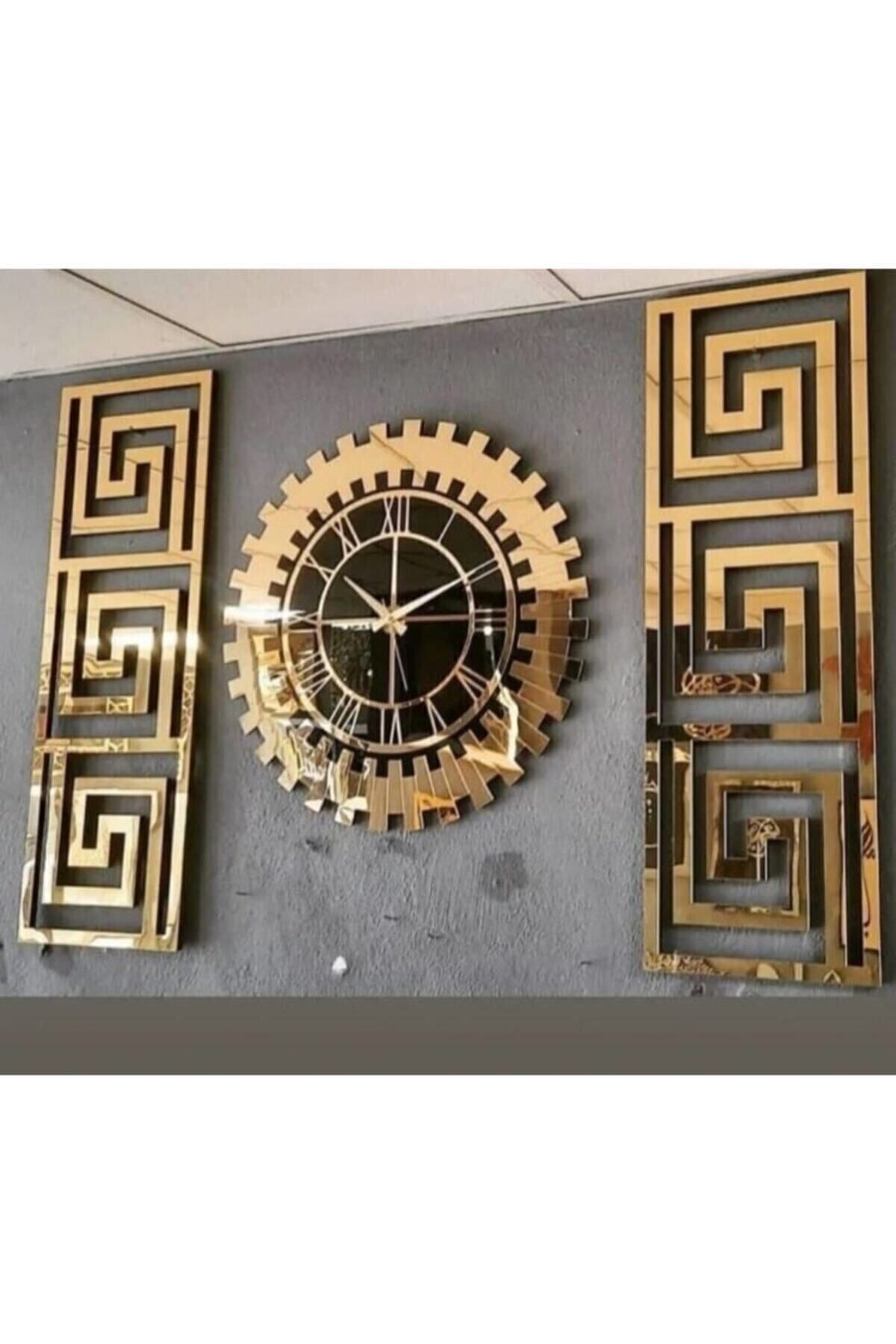 EYKA STORE Dekoratif 3 Lü Set Pleksi Gold Aynalı 3d Kabartmalı Duvar Saati Ve Dekoru