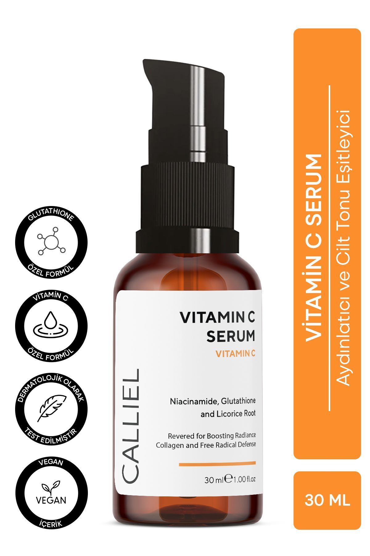 CALLİEL Vitamin C Serum, Leke Karşıtı Aydınlatıcı, Cilt Tonu Eşitleyici Glutathione Etkili 30 ml