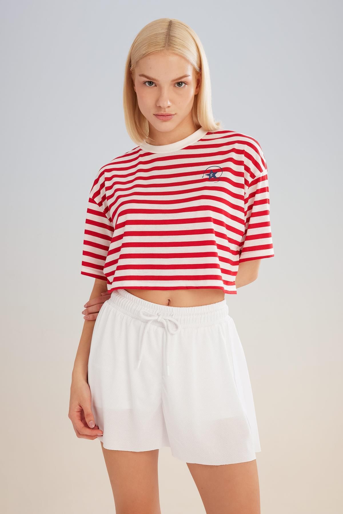 Defacto DeFactoFit Crop Top Bisiklet Yaka Çizgili Sporcu Kısa Kollu Tişört C5823AX24SM