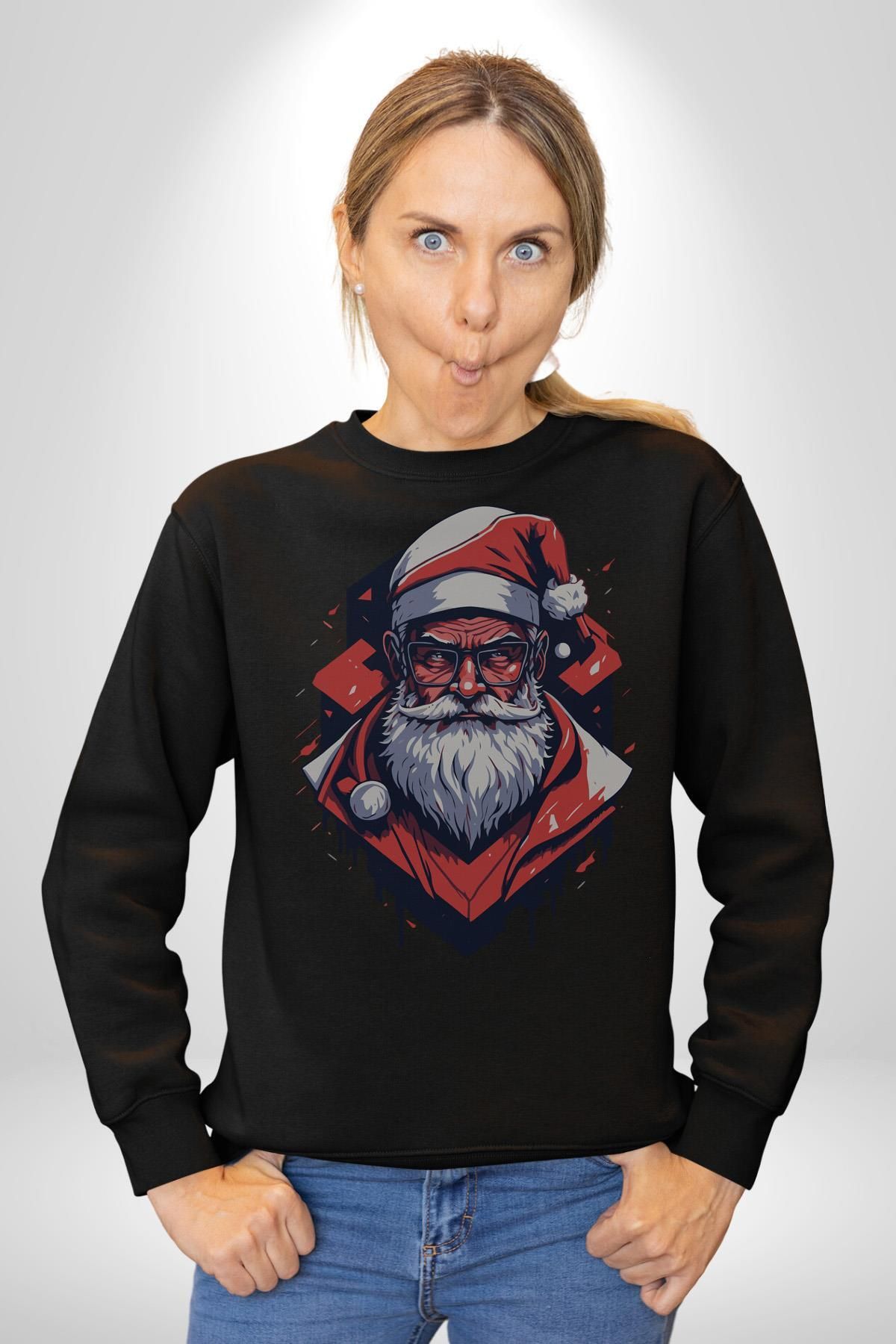 Angemiel Cool Santa Claus Noel Baba Kadın Erkek  Siyah Baskılı Sweatshirt
