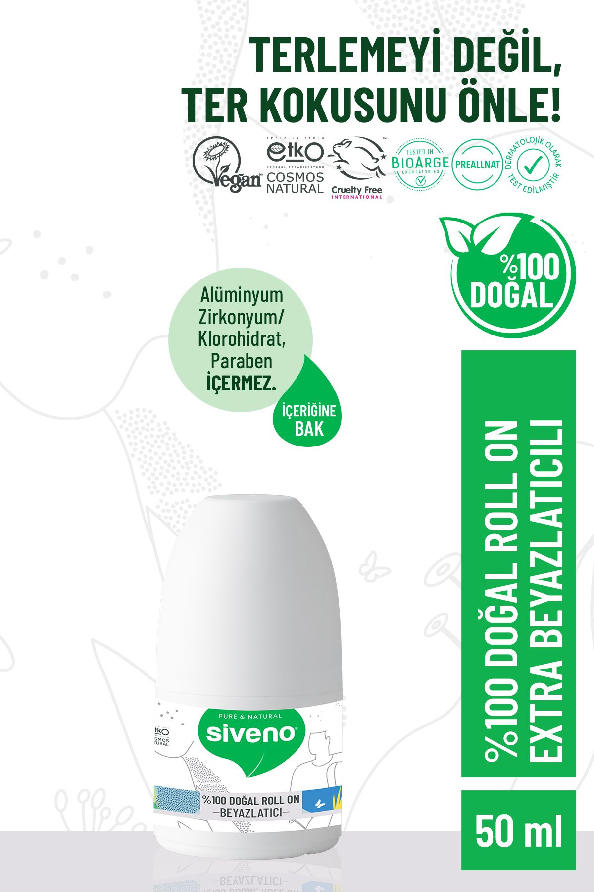 Siveno %100 Doğal Roll-on Beyazlatıcı Etkili Deodorant Ter Kokusu Önleyici Bitkisel Lekesiz Vegan 50 ml