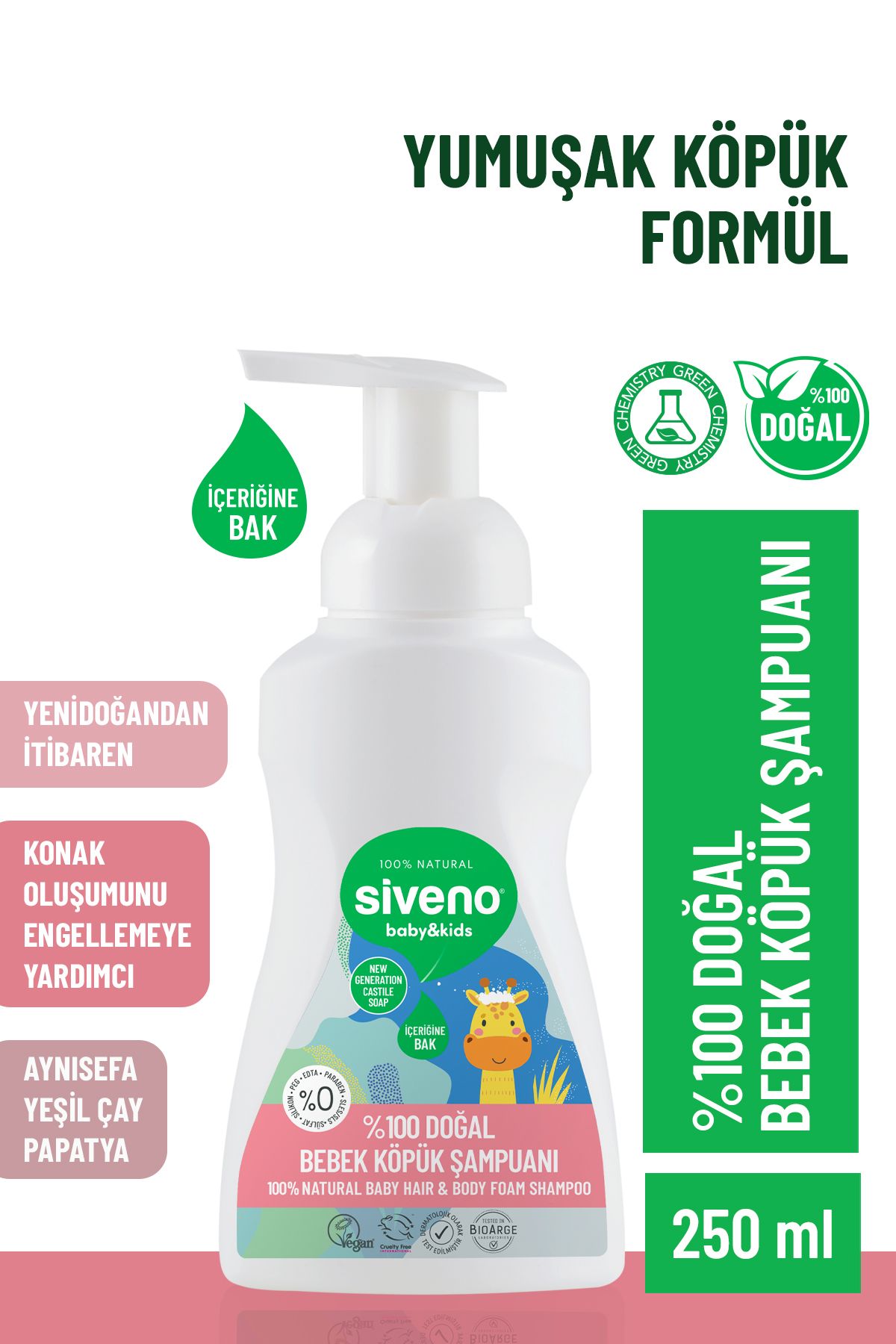 Siveno %100 Doğal Bebek Köpük Şampuanı Yenidoğan Saç Ve Vücut Için Nemlendirici Bitkisel Vegan 250 ml