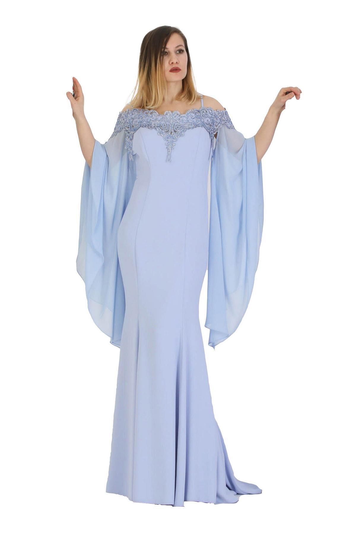 FİERTE Fierte Kadın Abiye Elbise Crd4388 Ince Ip Askı Çıkabilen Şifon Yaka Güpür Dantel Işleme Balık Krep D