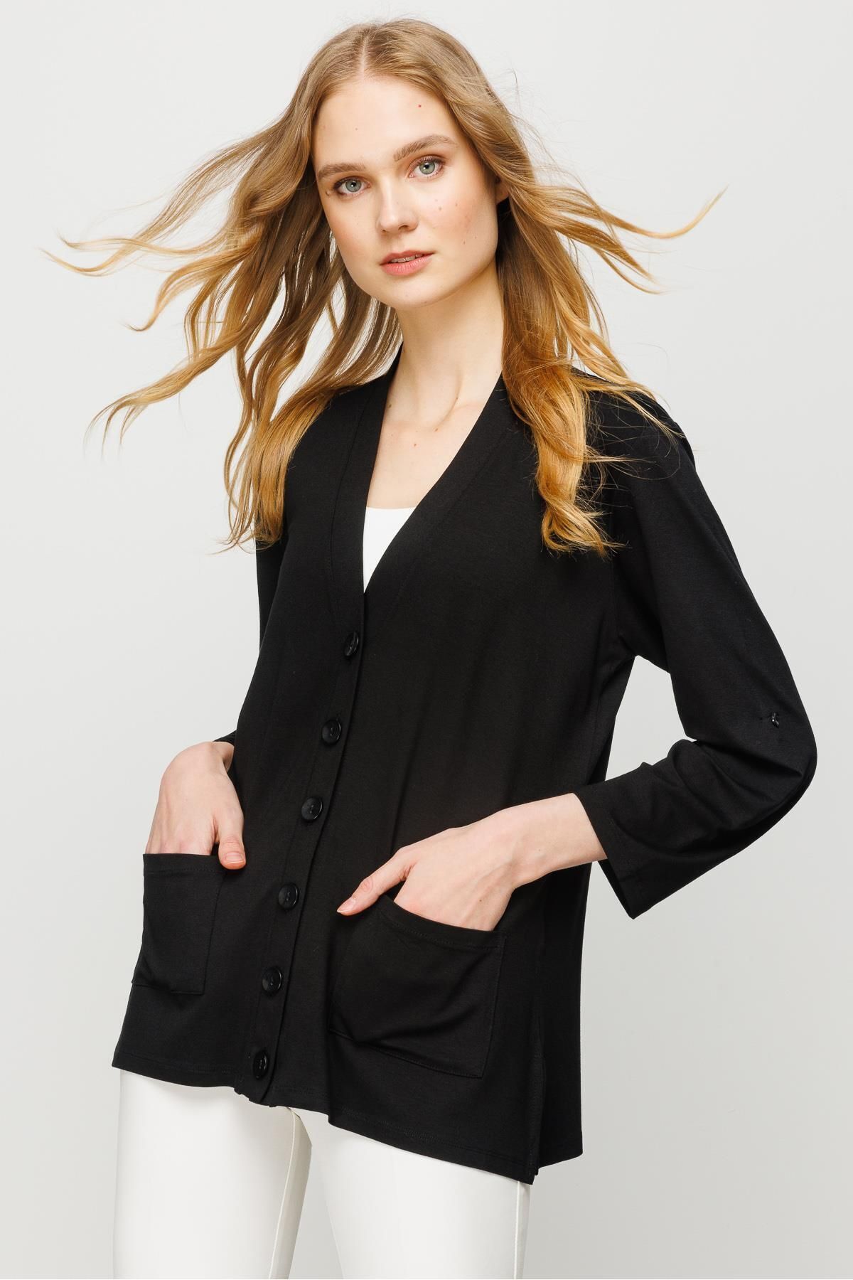 Desen Triko Kadın V Yaka Uzun Kol Cepli Düğmeli Penye Ceket Siyah