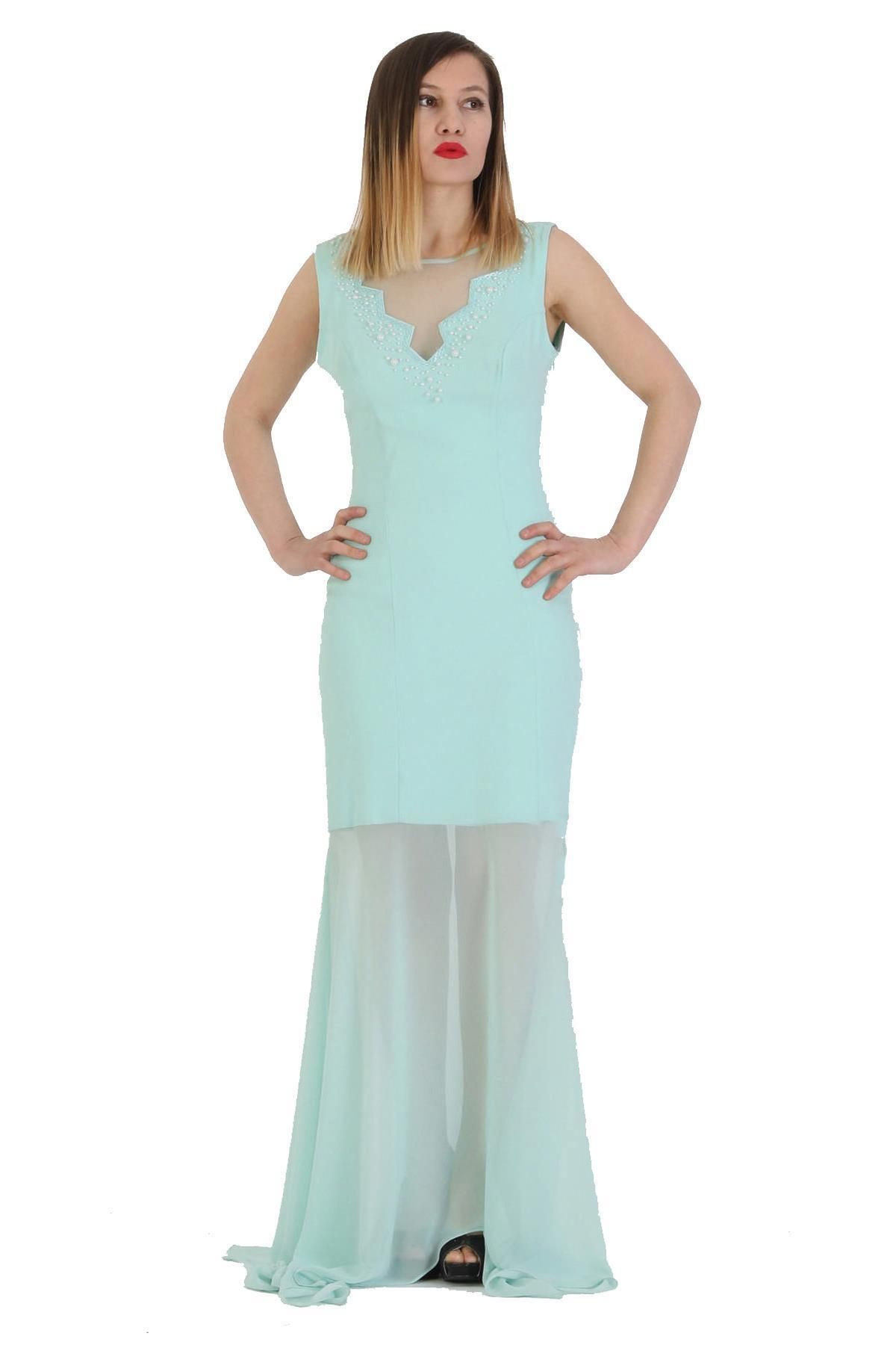 FİERTE Fierte Kadın Abiye Elbise Crd4108 Dekolte Yuvarlak Yaka Transparan Sırt Nişan Düğün Mavi Somon Sarı