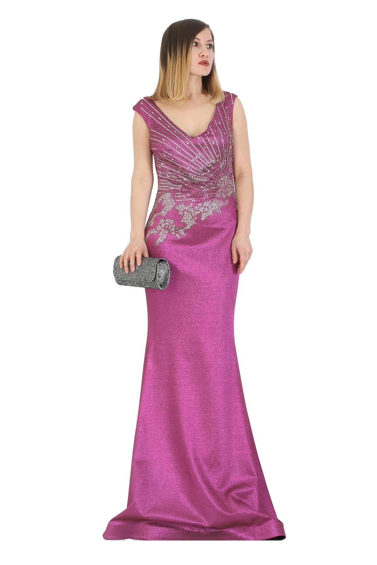 FİERTE Fierte Kadın Abiye Elbise Crd4550 V Yaka Kolsuz Taş Boncuk Işleme Parlak Kumaş Balık Volan Etek Pudr