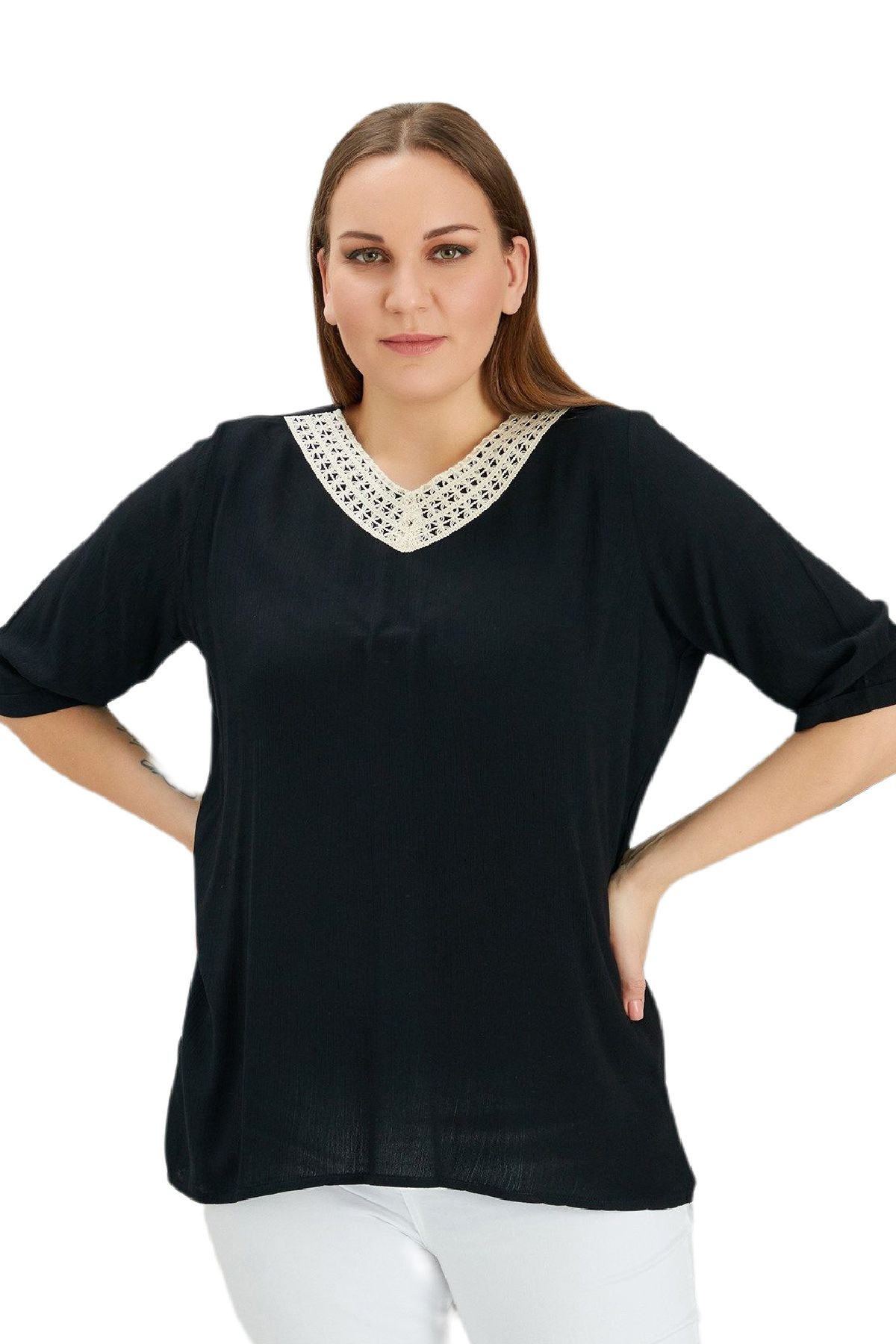 FİERTE Fierte Kadın Büyük Beden Bluz Rg4225 V Dantel Yaka Detay Işleme Ilkbahar Yaz Pamuk Kısa Kol Siyah Ça