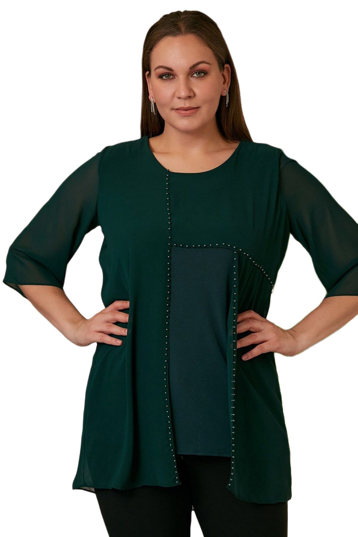Genel Markalar Kadın Büyük Beden Bluz Rg4018 Yuvarlak Yaka Asimetrik Şifon-yeşil