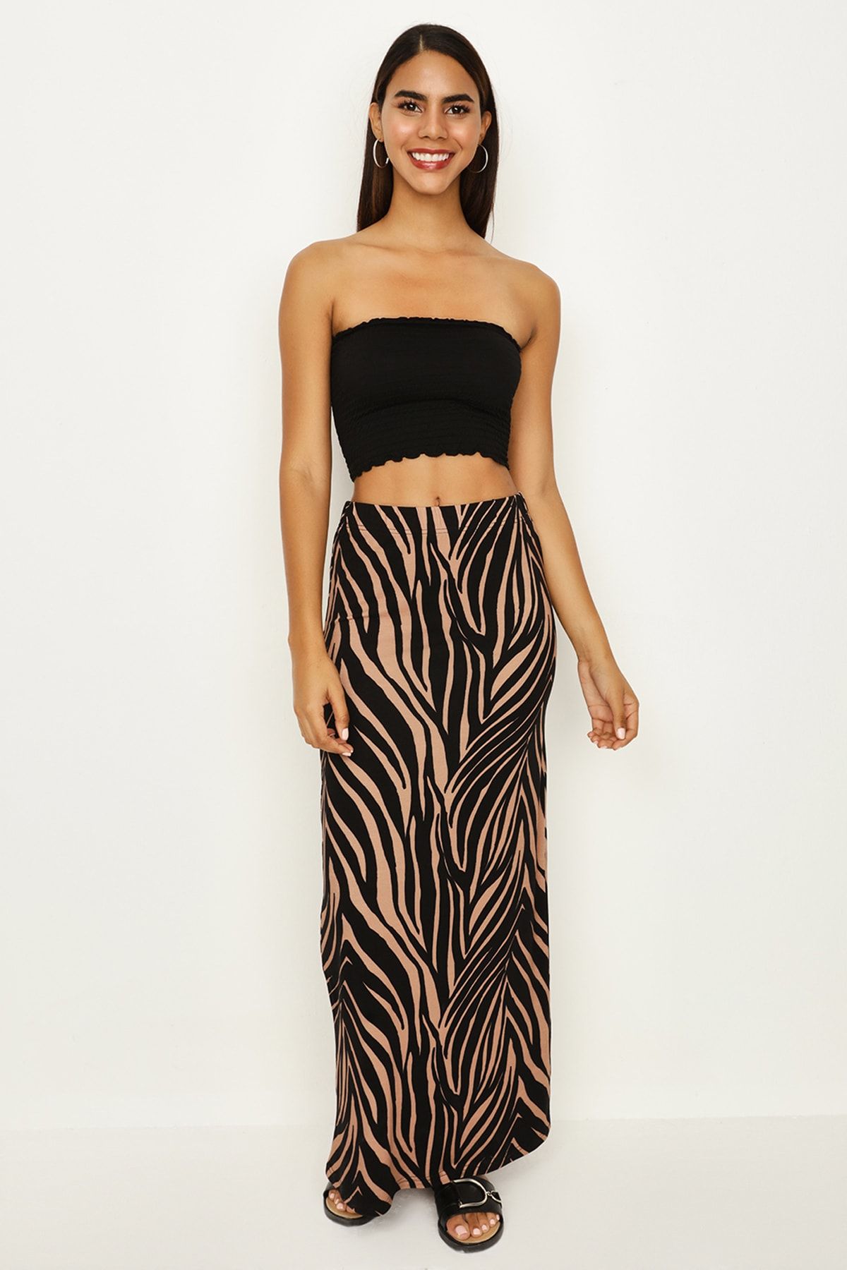 Select Moda Kadın Zebra Desenli Maxi Etek