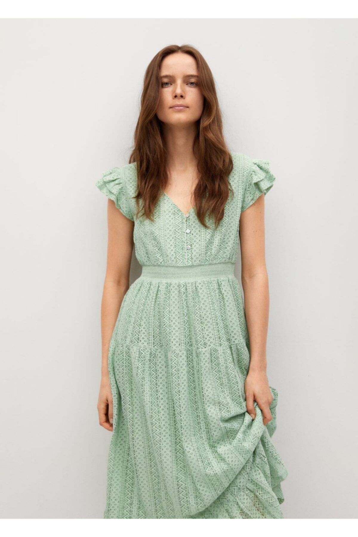 MANGO Kadın Pastel Yeşil Ajurlu Organik Pamuklu Elbise
