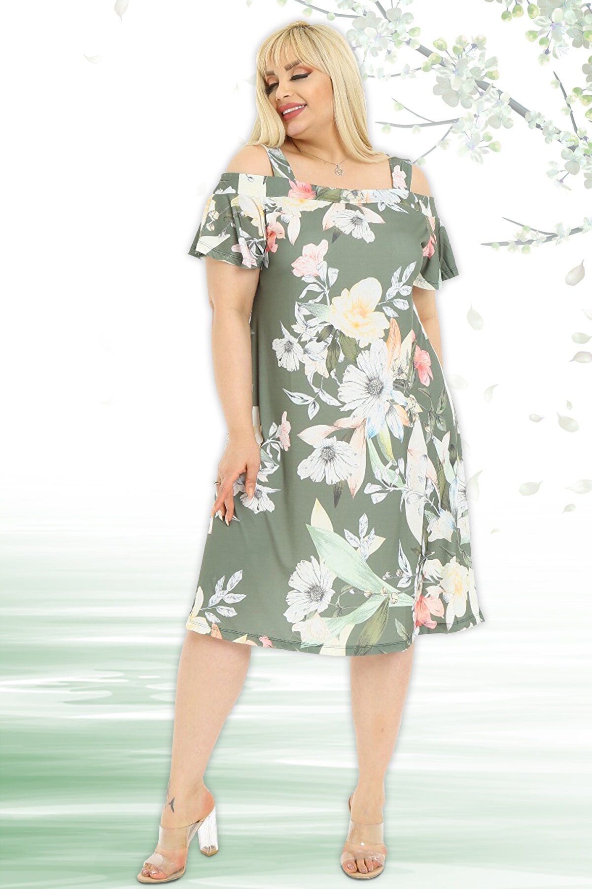 Almira Kadın Yaprak Ve Çiçek Desenli Askılı Sandy Elbise