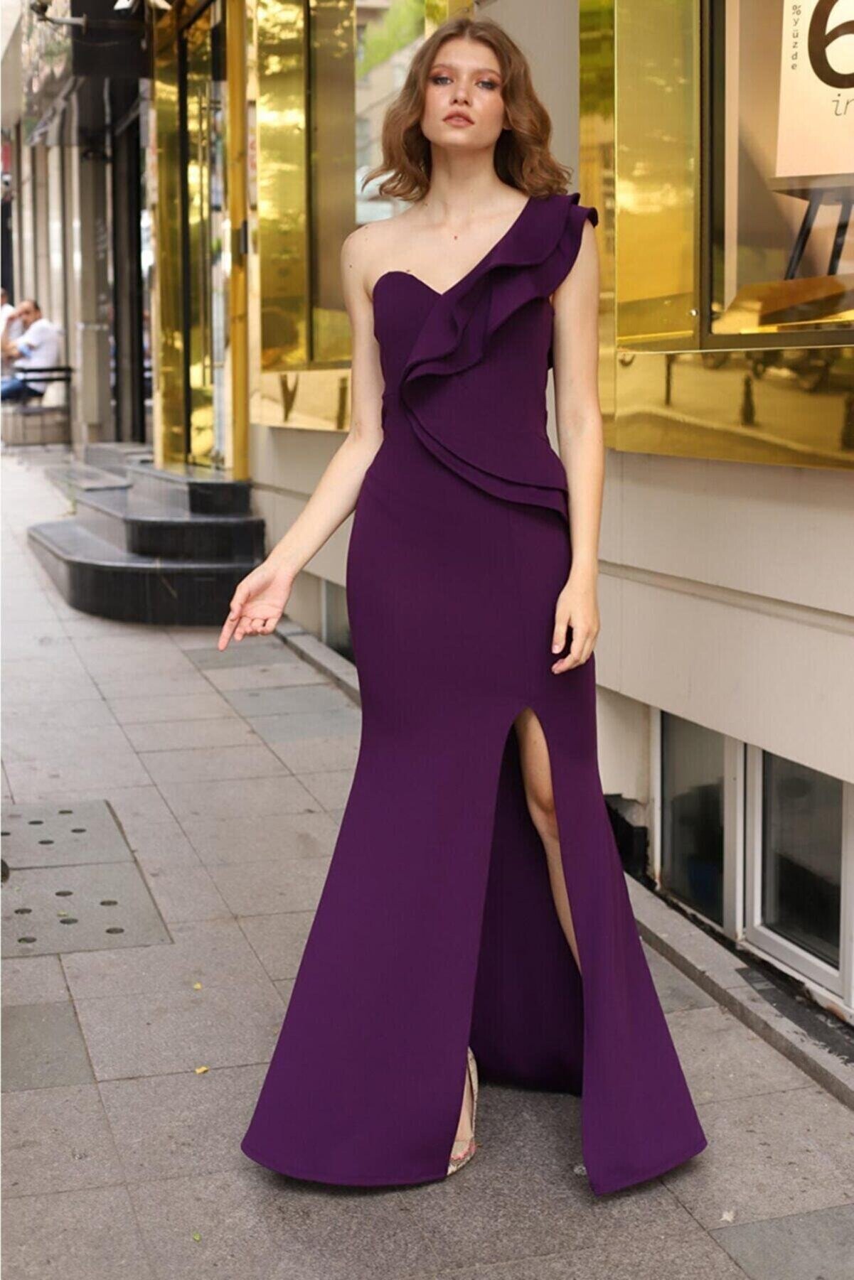 vuvutasarım Esnek Krep Kumaş Tek Omuz Detaylı Mor Uzun Abiye Elbise Purple Maxi Prom Dress Emr-024