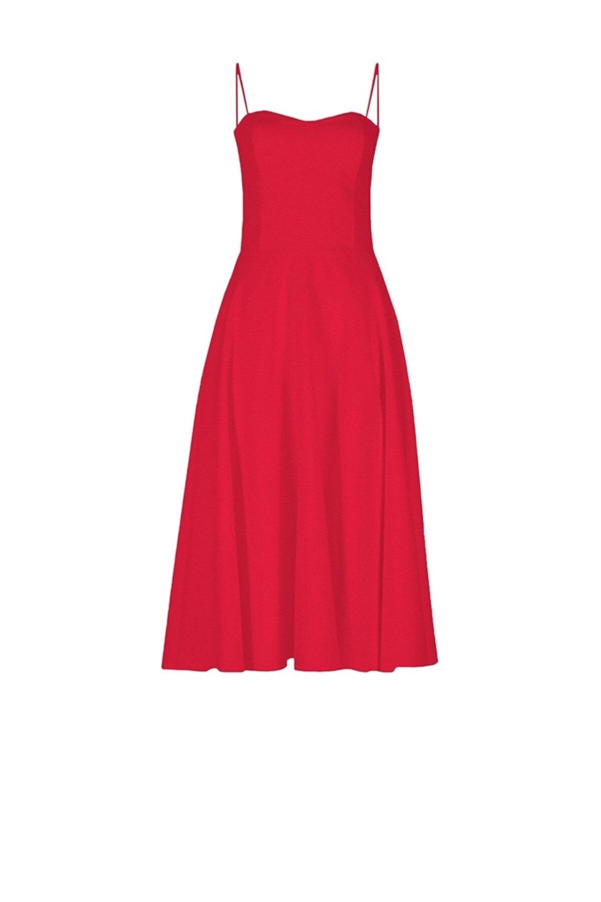 AtölyeNo6 Kadın Kırmızı Askılı  Volan Elbise AT2222