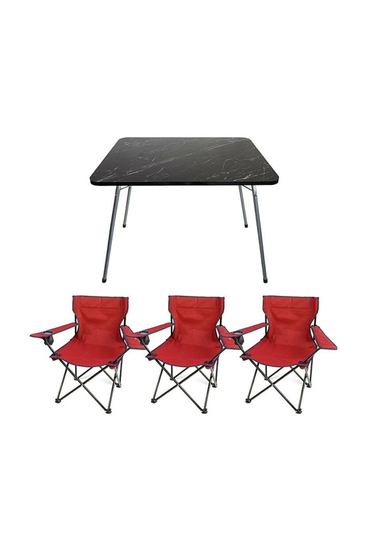 Mocca Style 60x80 Katlanır Granit Masa+ 3 Adet Kırmızı Rejisör, Sandalye Piknik Plaj Sandalyesi