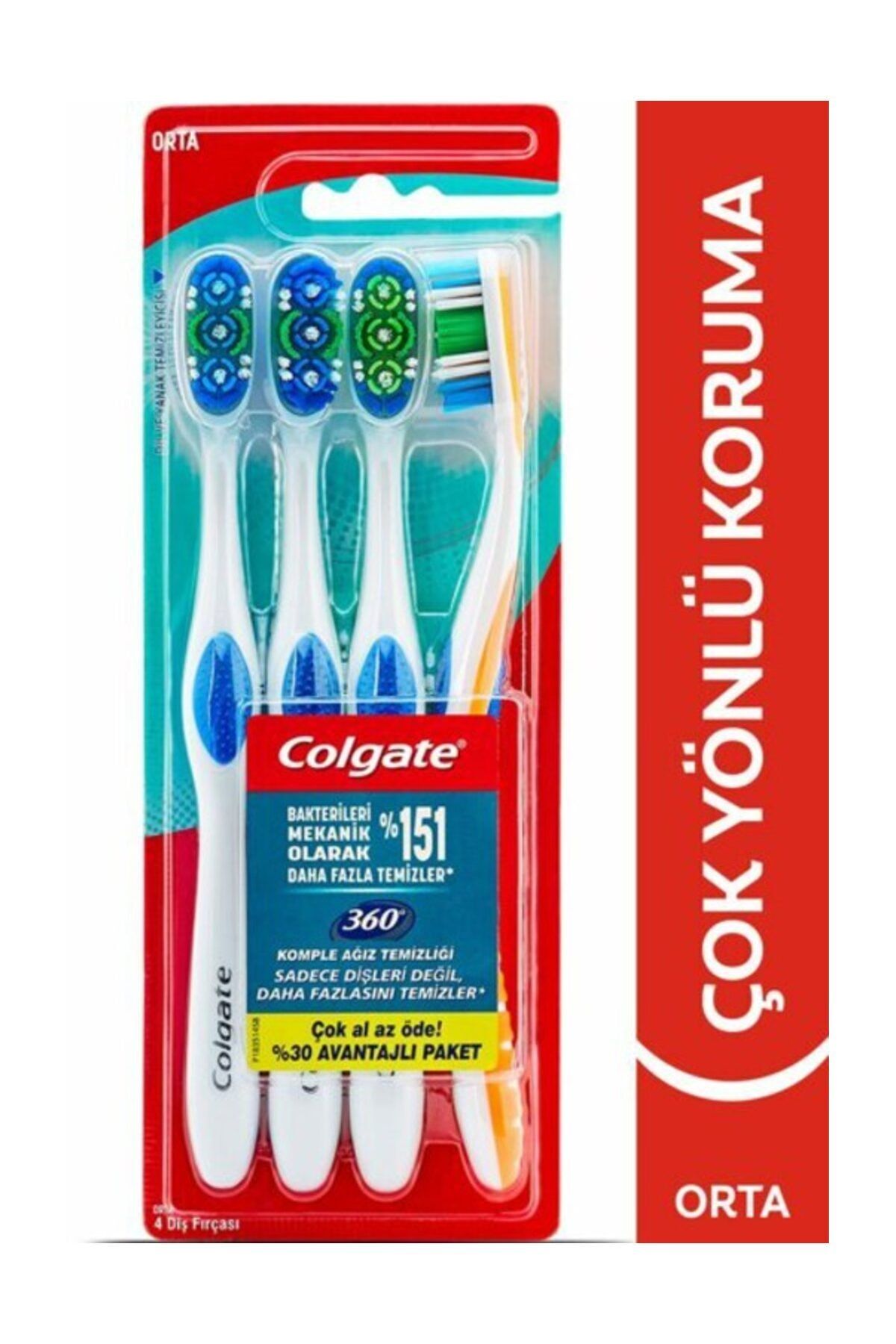 Colgate 360 Komple Ağız Temizliği Çok Yönlü Koruma Orta Diş Fırçası 4'lü