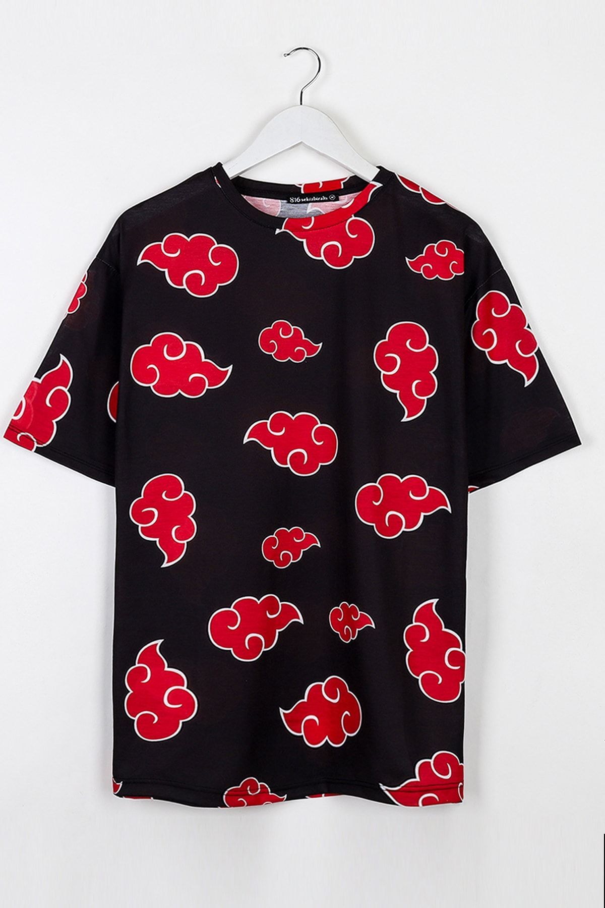 Sekizbiraltı Naruto Kırmızı Bulut Dijital Baskı Siyah Oversize Unisex Tshirt