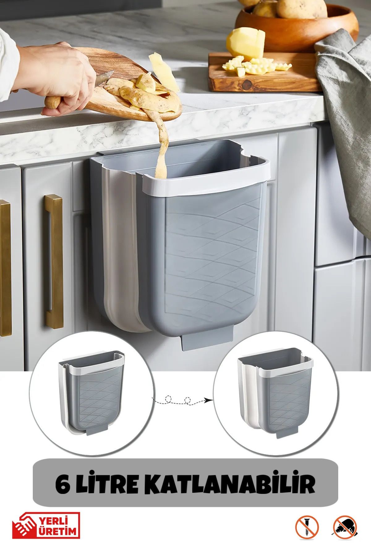 ARVALE Katlanabilir Askılı Mutfak Tezgahaltı Çöp Kovası - Dolap içi Dışı Gizlenebilir | Gri