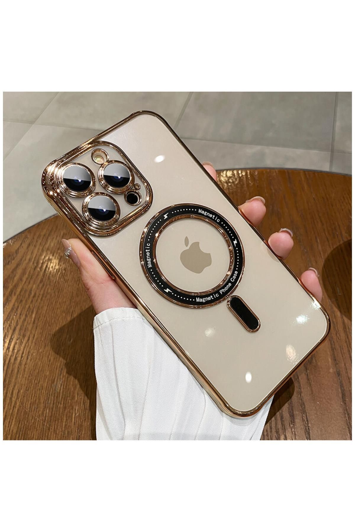 Zebana Apple Iphone 12 Pro Max Uyumlu Kılıf Manyetik Kablosuz Şarj Destekli Mona Silikon Kılıf Gold
