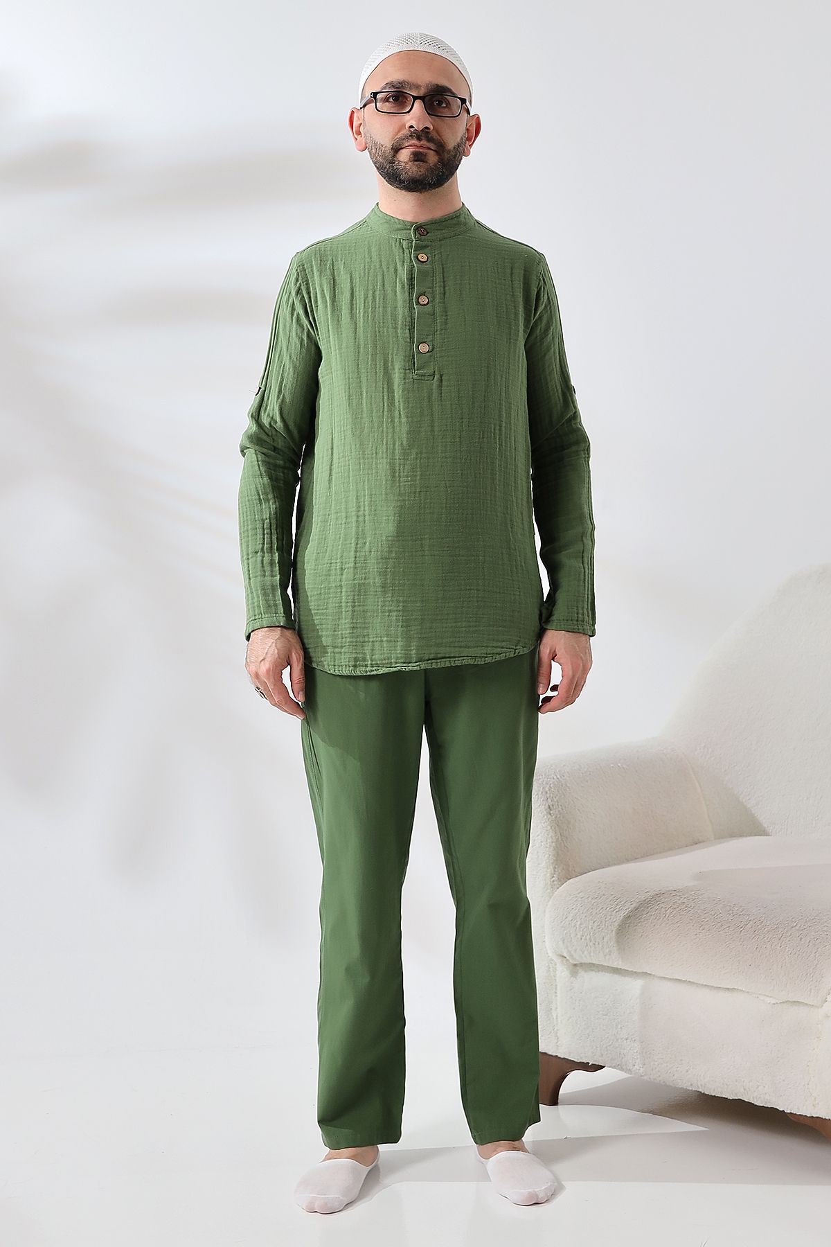 ihvanonline Erkek Gömlek Pantolon İkili Takım Hac Umre Kıyafeti Yeşil