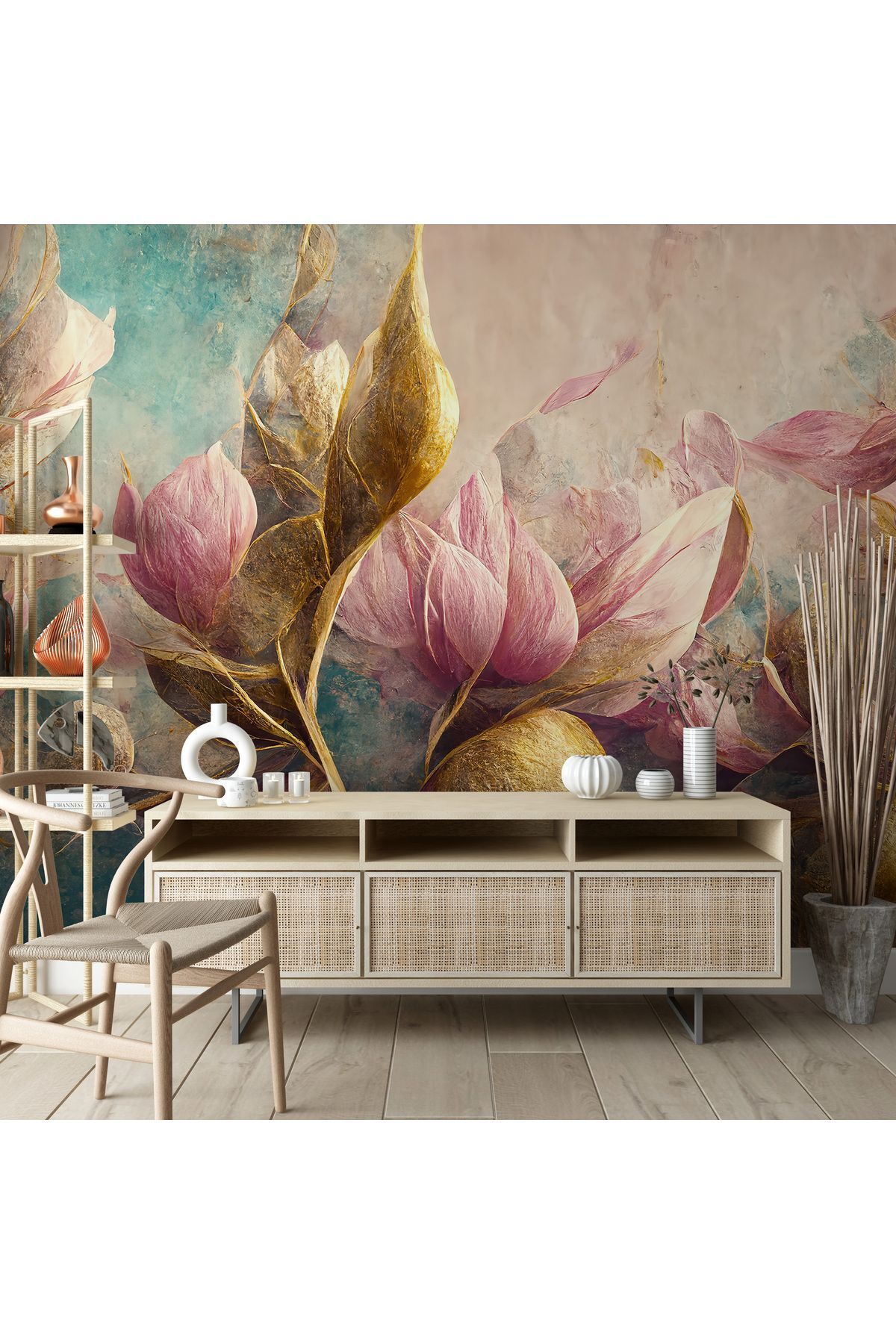 Plustablo Kendinden Yapışkanlı Modern Pembe Çiçekli Soyut Poster Duvar Kağıdı, Yatak Odası Duvar Folyosu