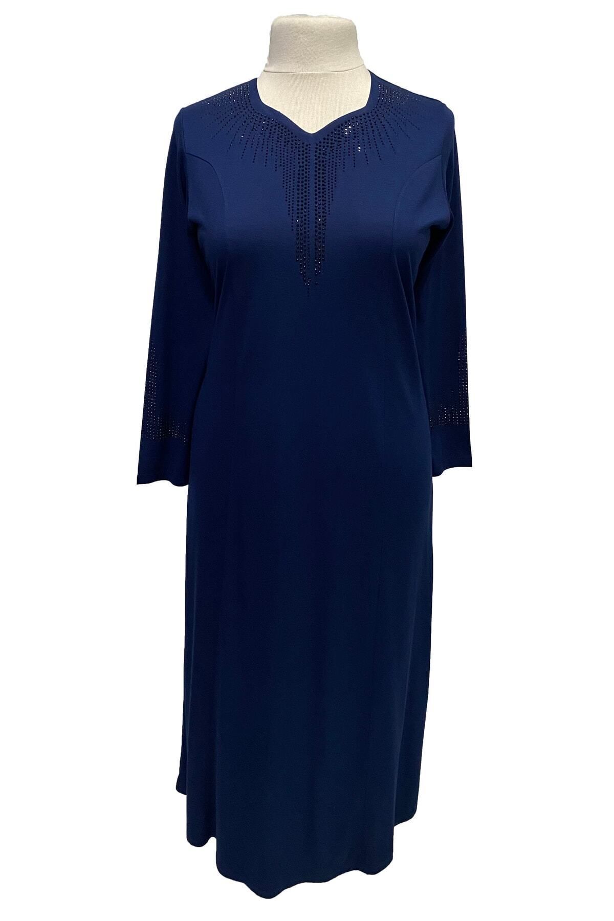 Giyinen Mağazaları Mavi Seda Beşgen Yaka Taş Baskılı Kulplu Anne Penye Elbise