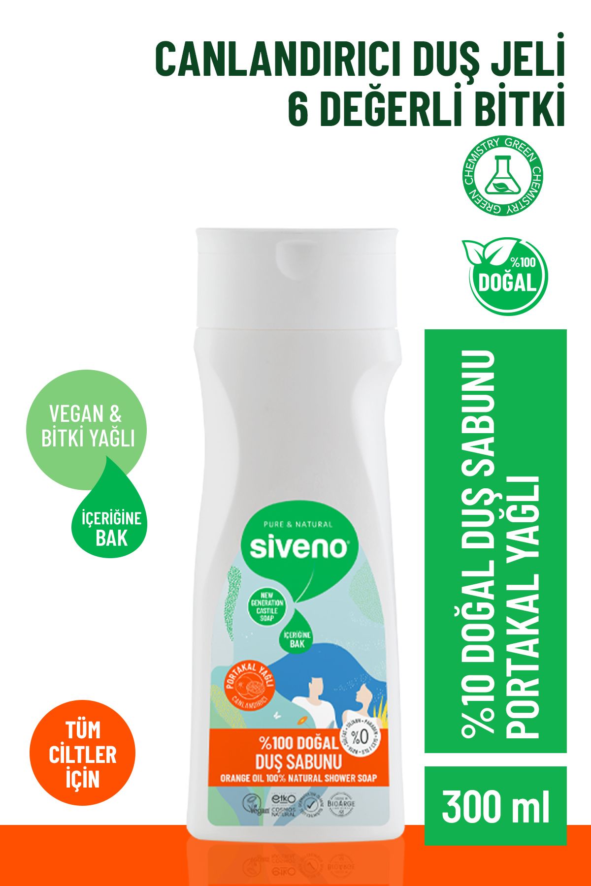 Siveno %100 Doğal Duş Sabunu Portakal Kokulu Canlandırıcı Duş Jeli 6 Değerli Bitki Vegan 300 ml