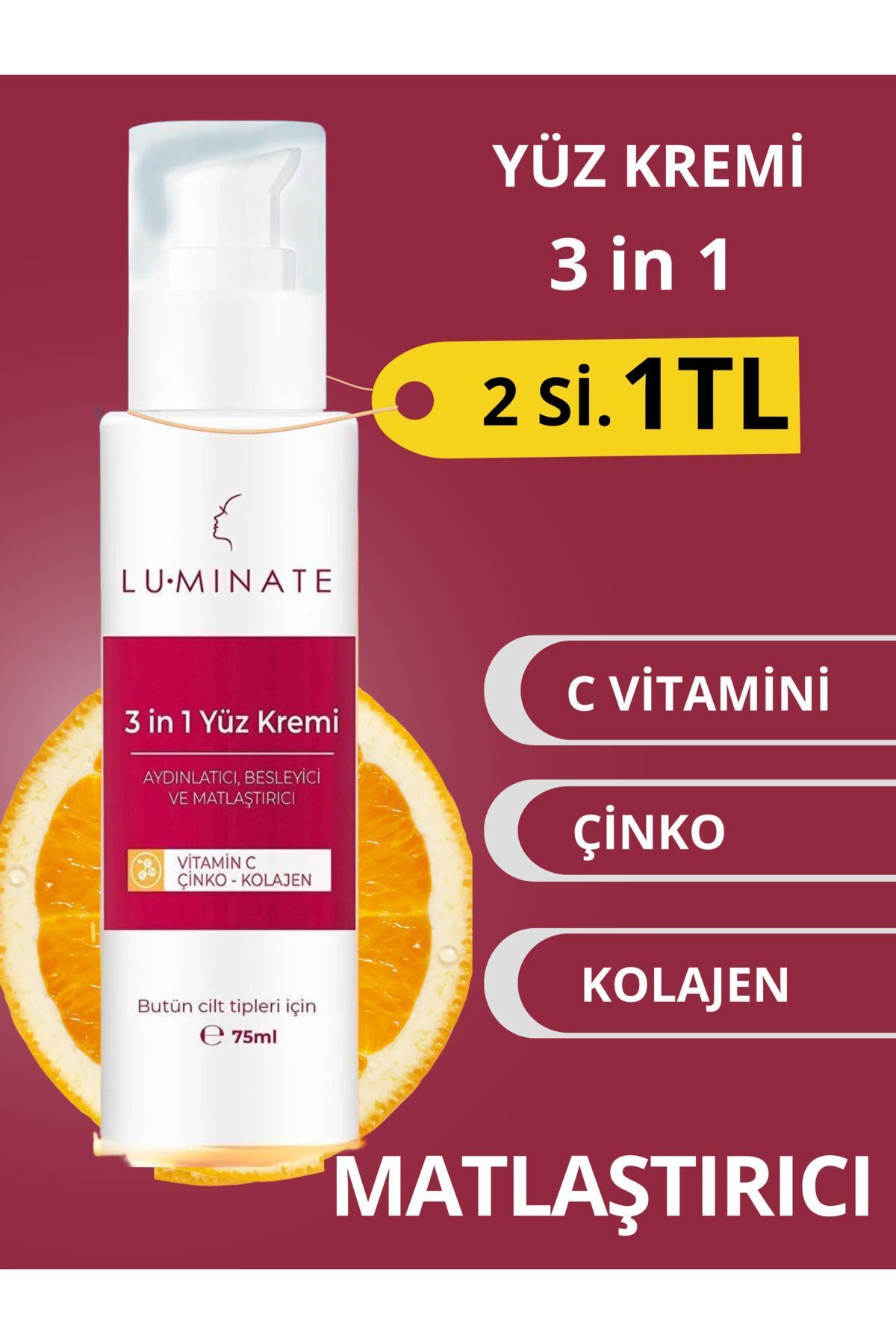 Luminate Yüz Kremi C Vitamin Çinko Kolajen Su Bazlı Nemlendirici Tonu Eşitleyici Beyazlatıcı Yaşlanma Karşıtı