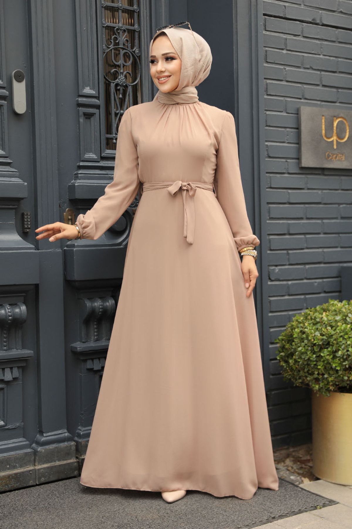 Neva Style - Kemerli Vizon Tesettür Elbise 27922v