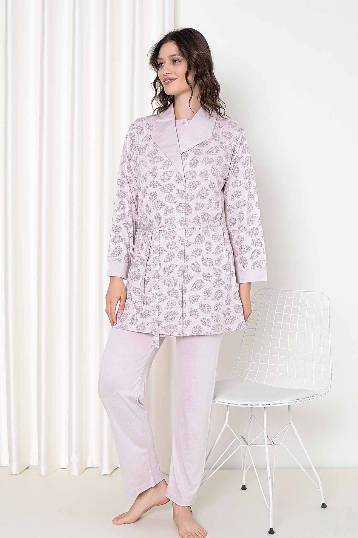 ALİMER Gülkurusu Sabahlıklı 3 lü Kutulu Kadın Pijama Takımı 2648