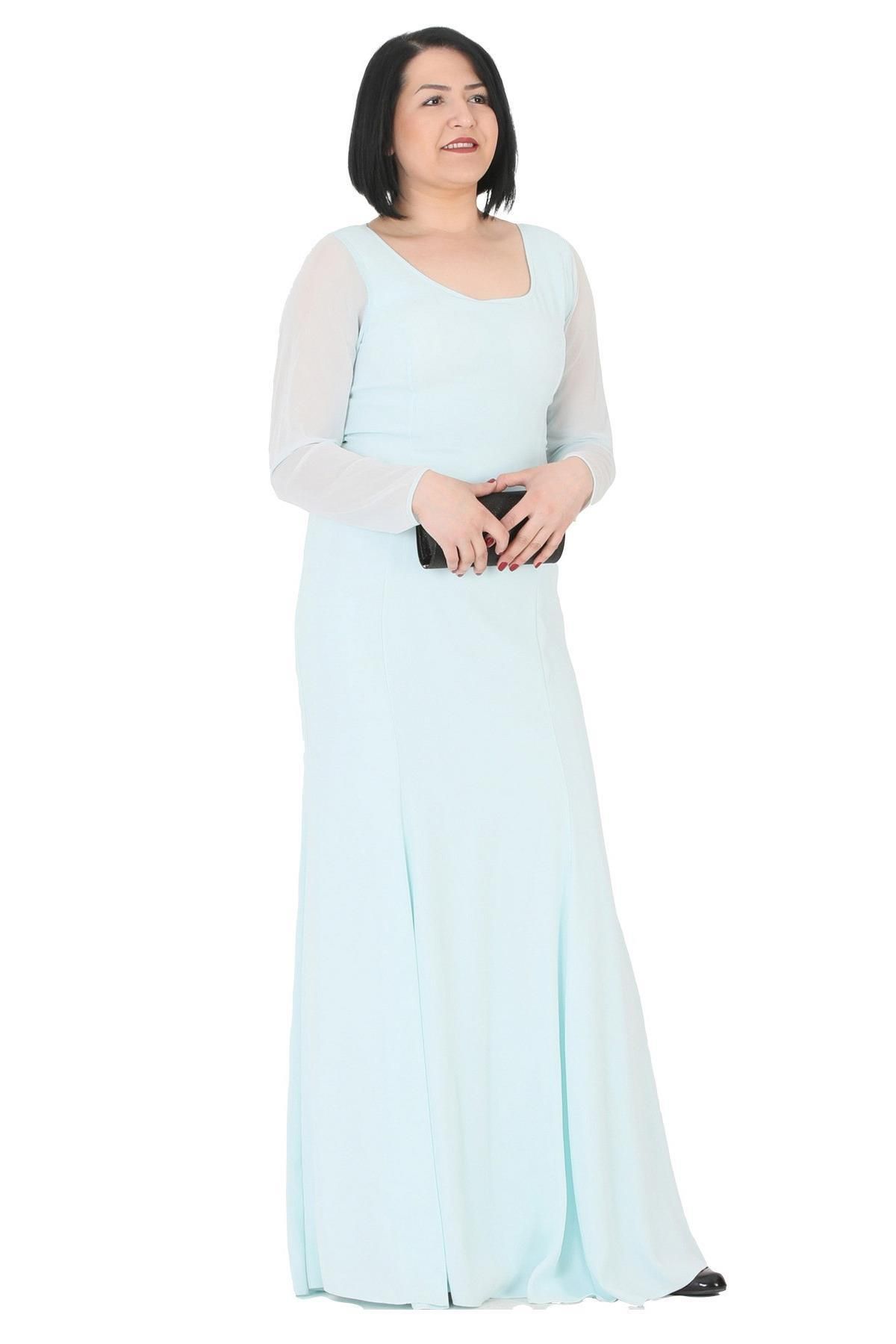 FİERTE Fierte Kadın Büyük Beden Abiye Elbise Lg6041 V Yaka Uzun Şifon Kol Sandy Balık Etek Yeşil Lacivert T