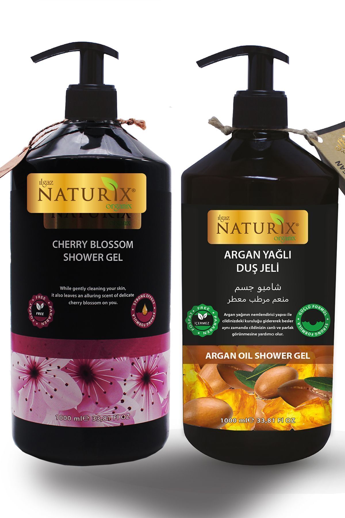 Naturix Organik Argan Yağlı Duş Jeli 1000 ml ve  Japon Kirazı Duş Jeli 1000 ml