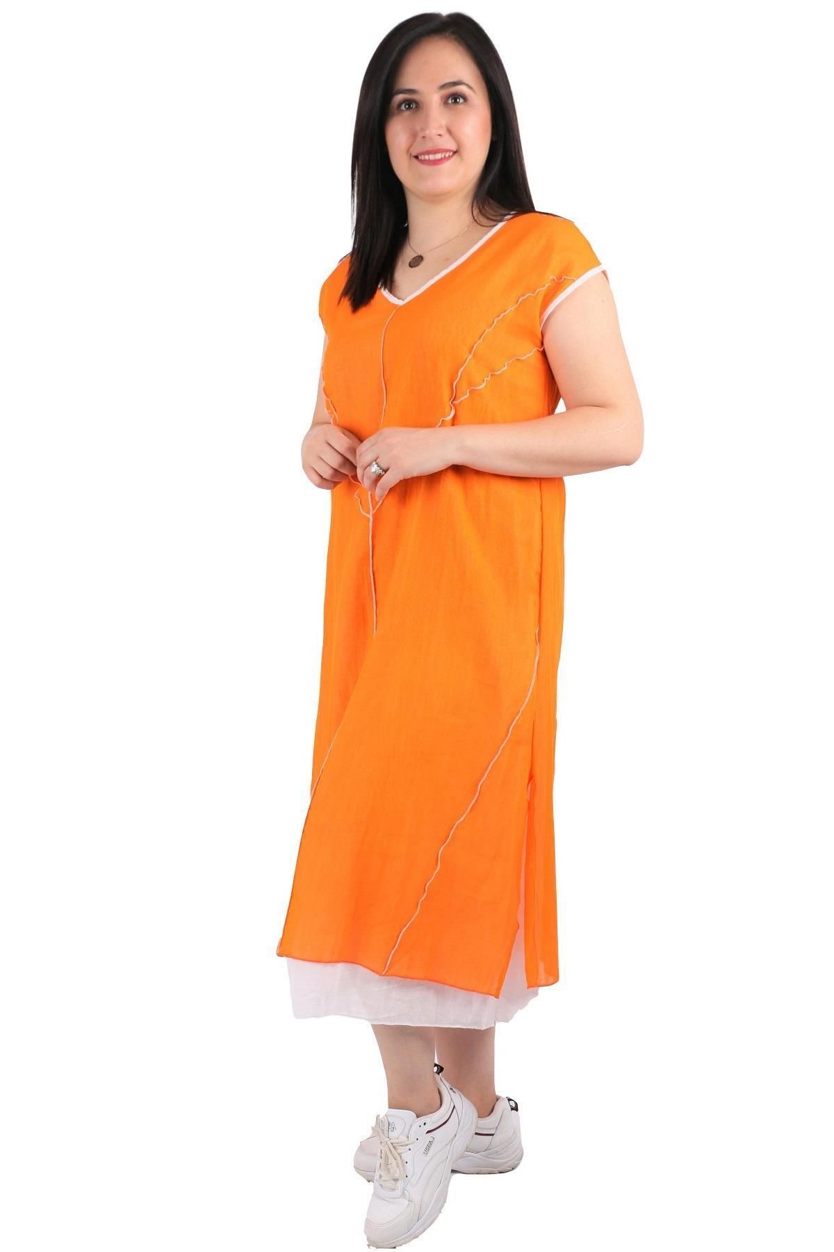 Günay Kadın Büyük Beden Elbise Lm24410 Ilkbahar Yaz V Yaka Pamuk-turuncu