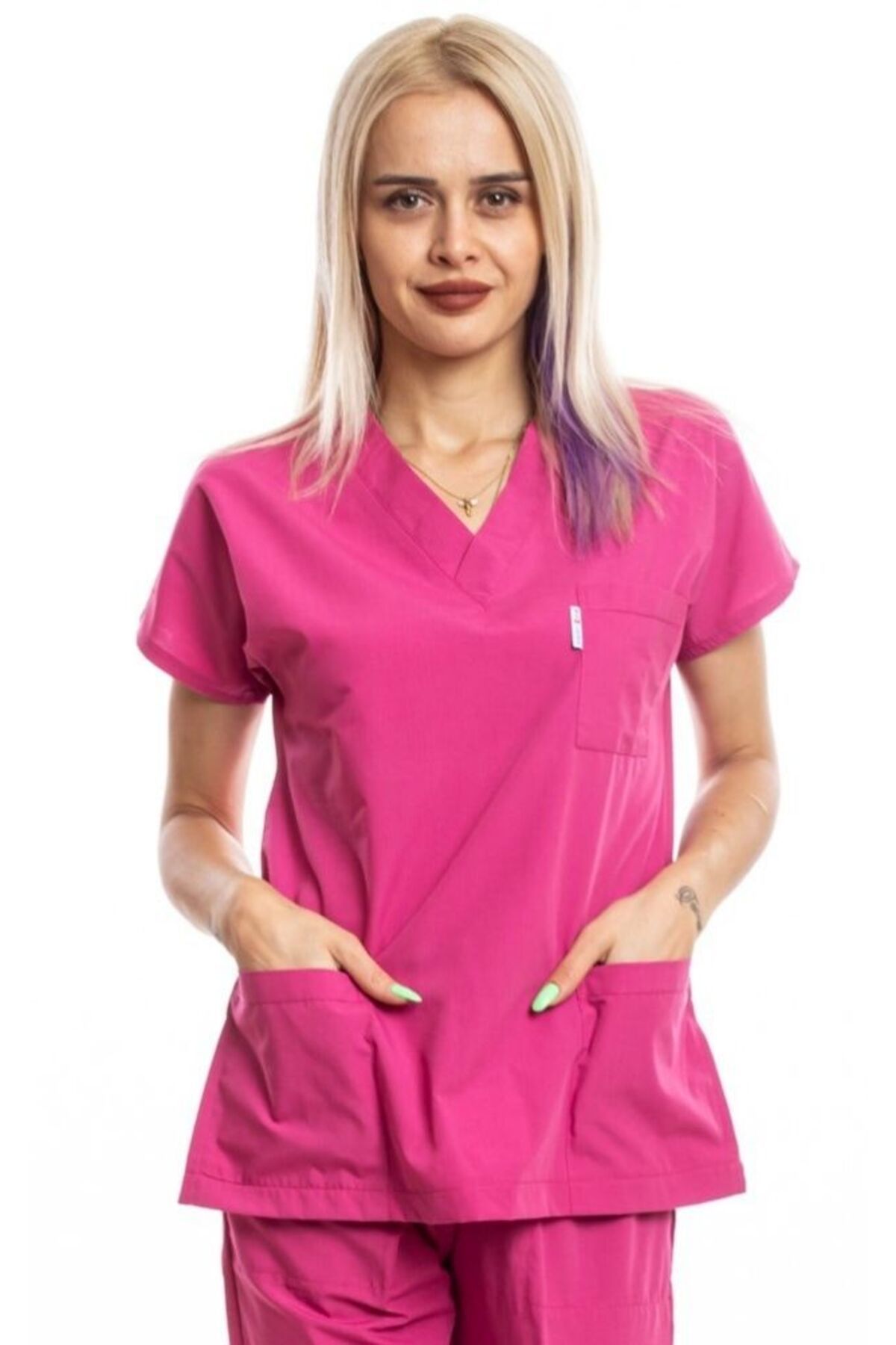 Simirna Üniforma Cerrahi Doktor Hemşire Scrubs Fuşya Forma Tek Üst