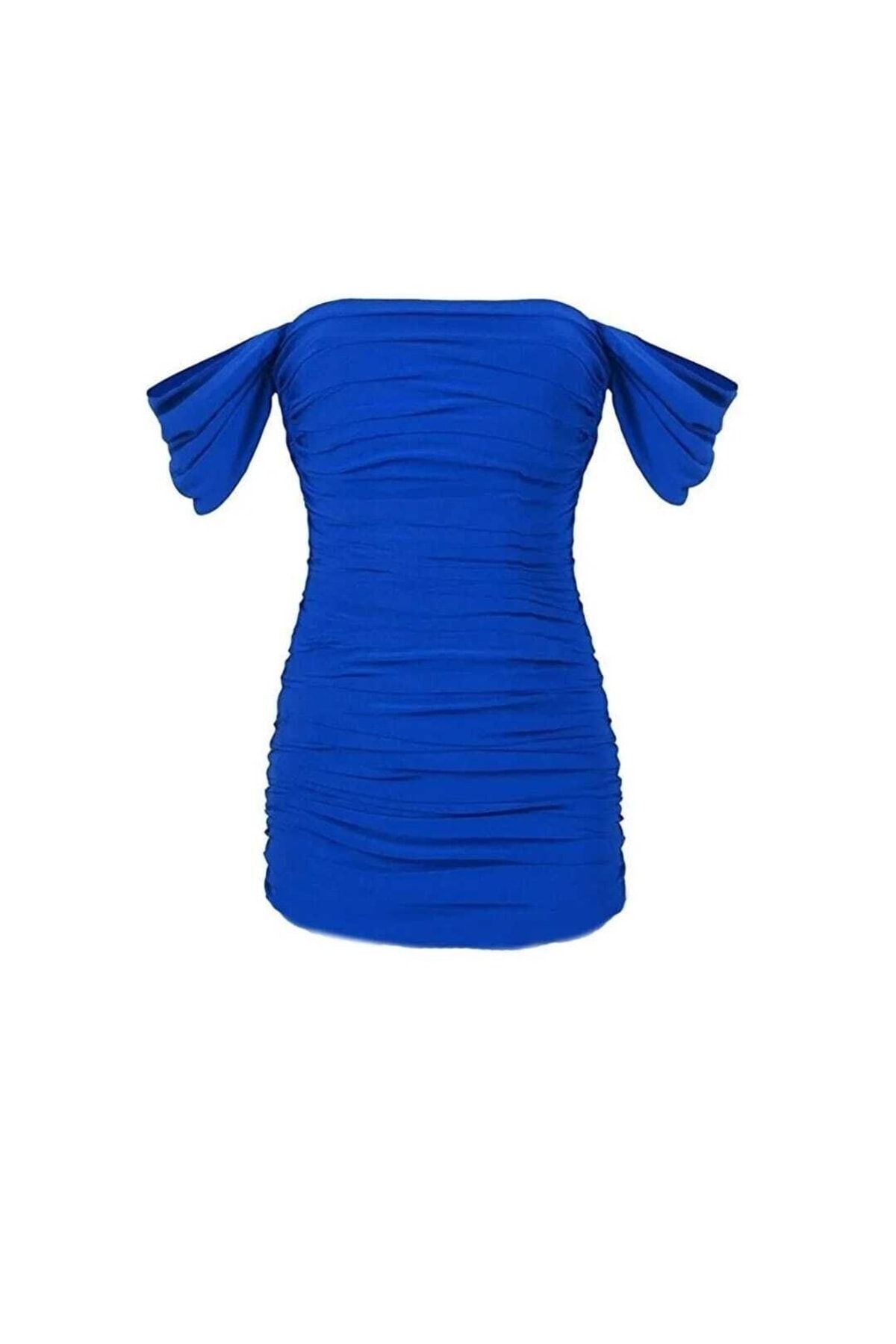 Zagrep Kadın Saks Mavisi Drapeli Büzgülü Mini Elbise
