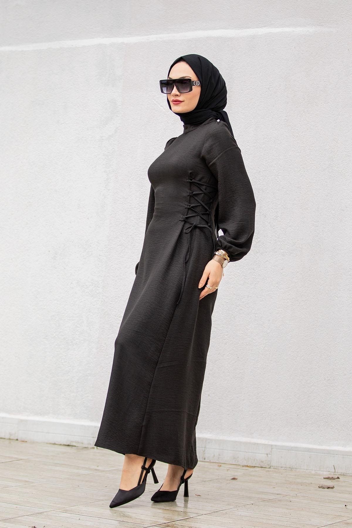 Swana Keten Yan Çapraz Bağlamalı Elbise-Siyah