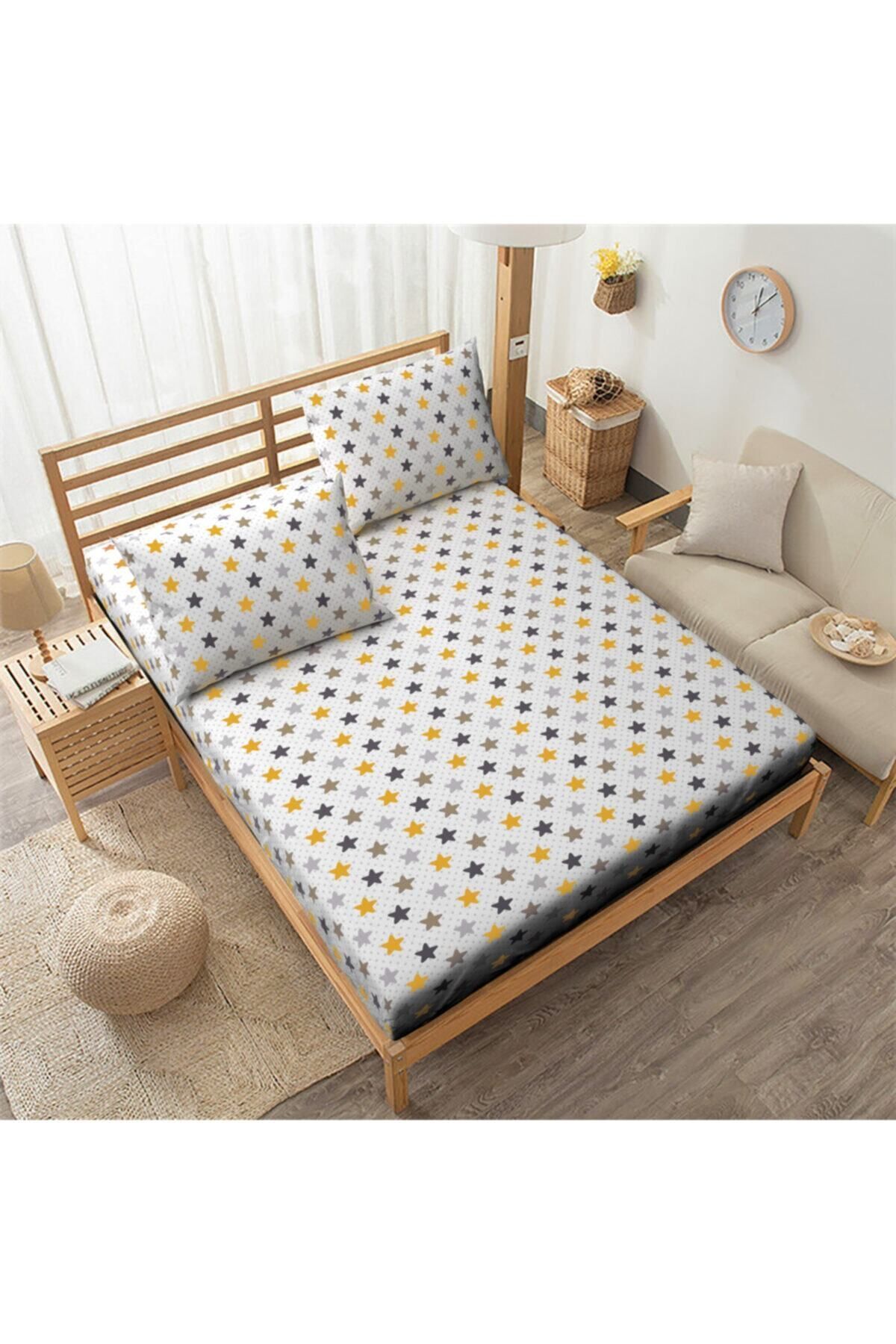 SNR HOME COLLECTION 120x200 Sarı Yıldızlı Pamuklu Genç Odası Lastikli Çarşaf Takımı