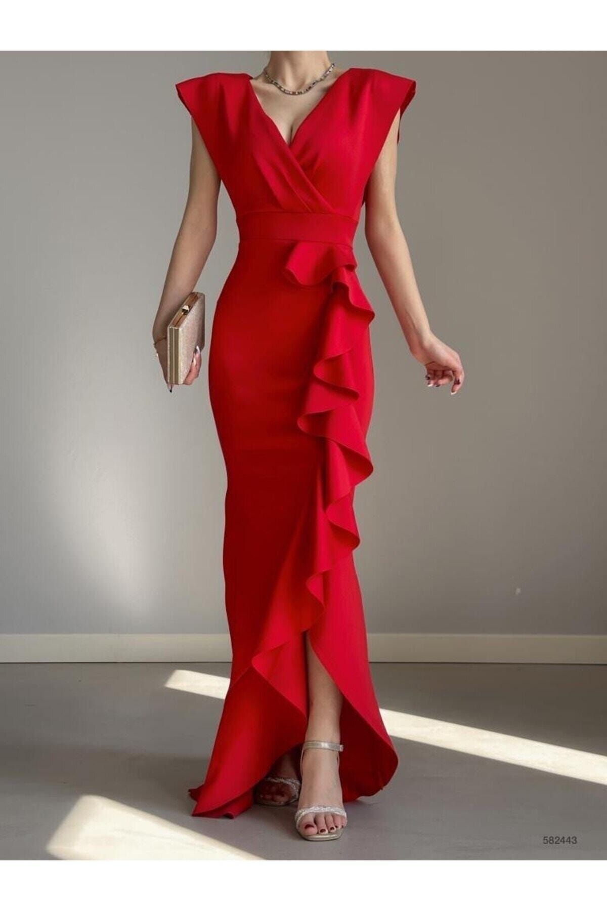 modakyra Kadın Kırmızı Kruvaze Yaka Eteği Volanlı Abiye Mezuniyet Nikah Elbise