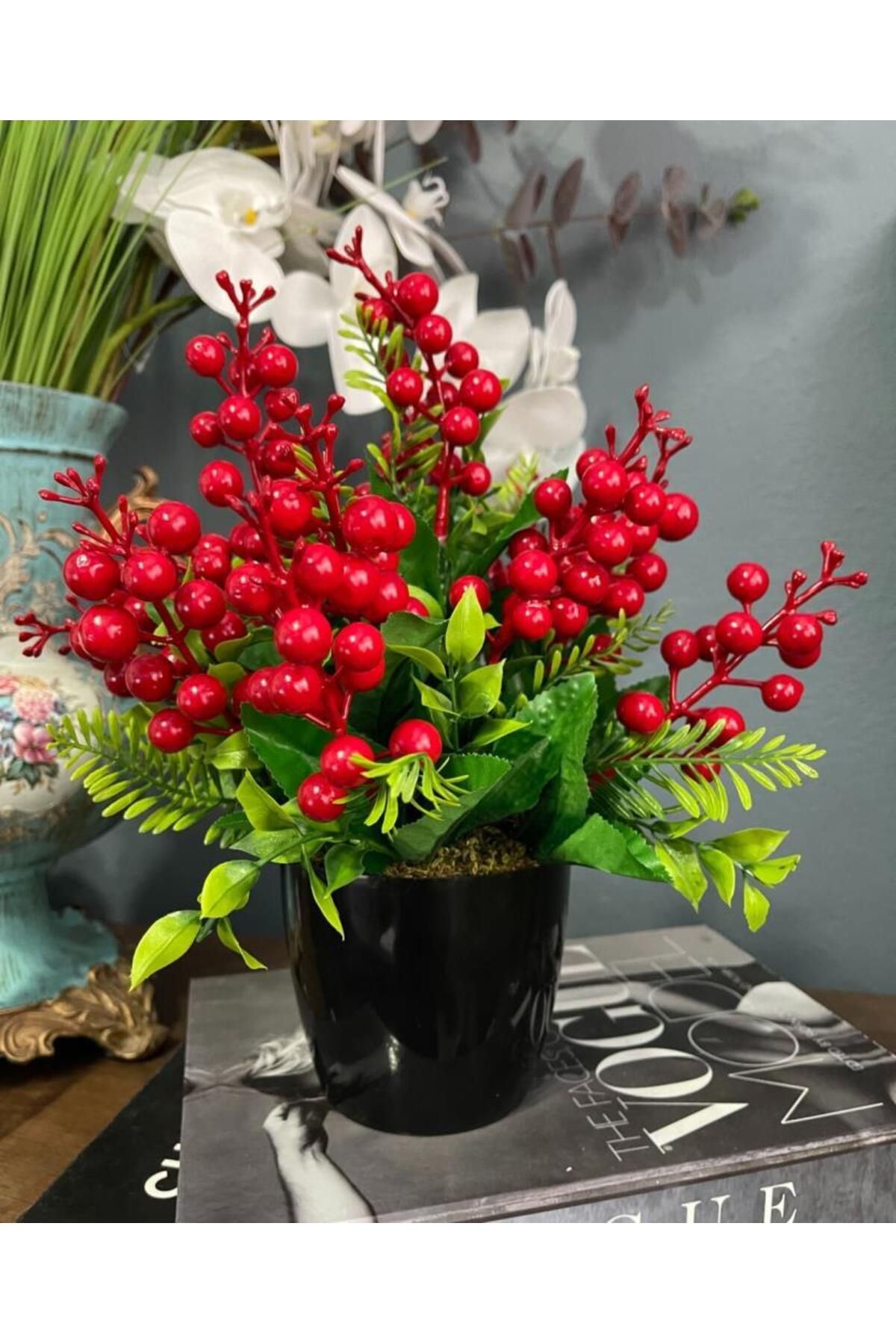 Nettenevime Yapay Çiçek Yılbaşı Çiçeği Kırmızı Kokina Siyah Saksıda 14 Dal 30*25cm