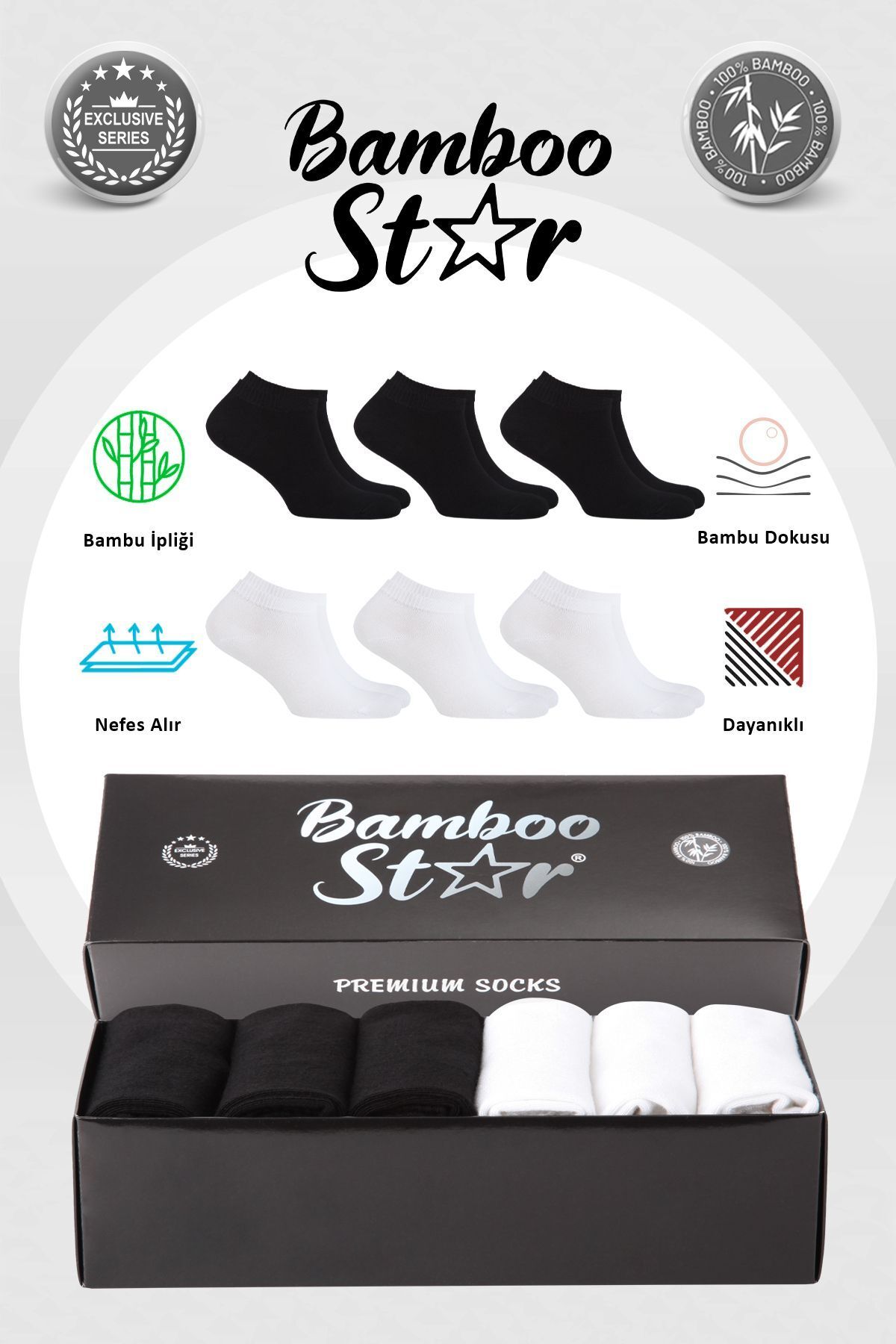 bamboo star Bambu Erkek Patik Düz Asorti Çorap Dikişsiz Premium Kutulu 6'lı (3 Siyah - 3 Beyaz)