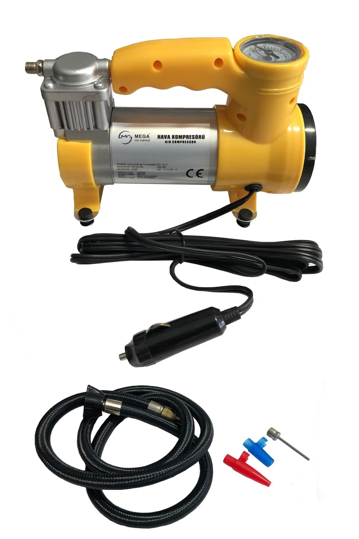 Genel Markalar Oto Araba Lastik Şişirme Kompresörü Pompası Işıklı 150 Psı Sarı