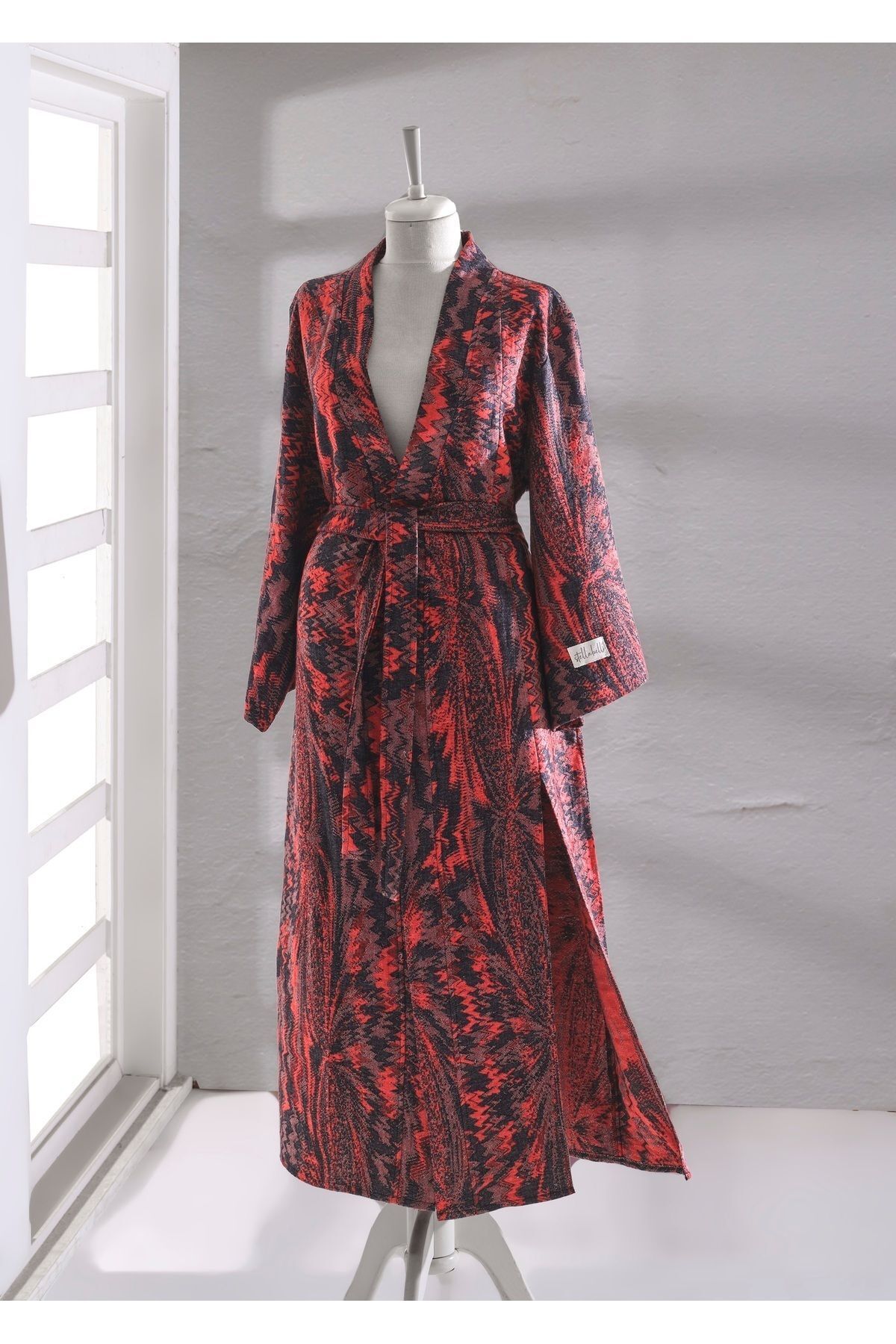 Stella Belli %100 Pamuk El Dokuması Desenli Kimono Peştemal Bornoz | Kutulu | Respiro |kırmızı-siyah