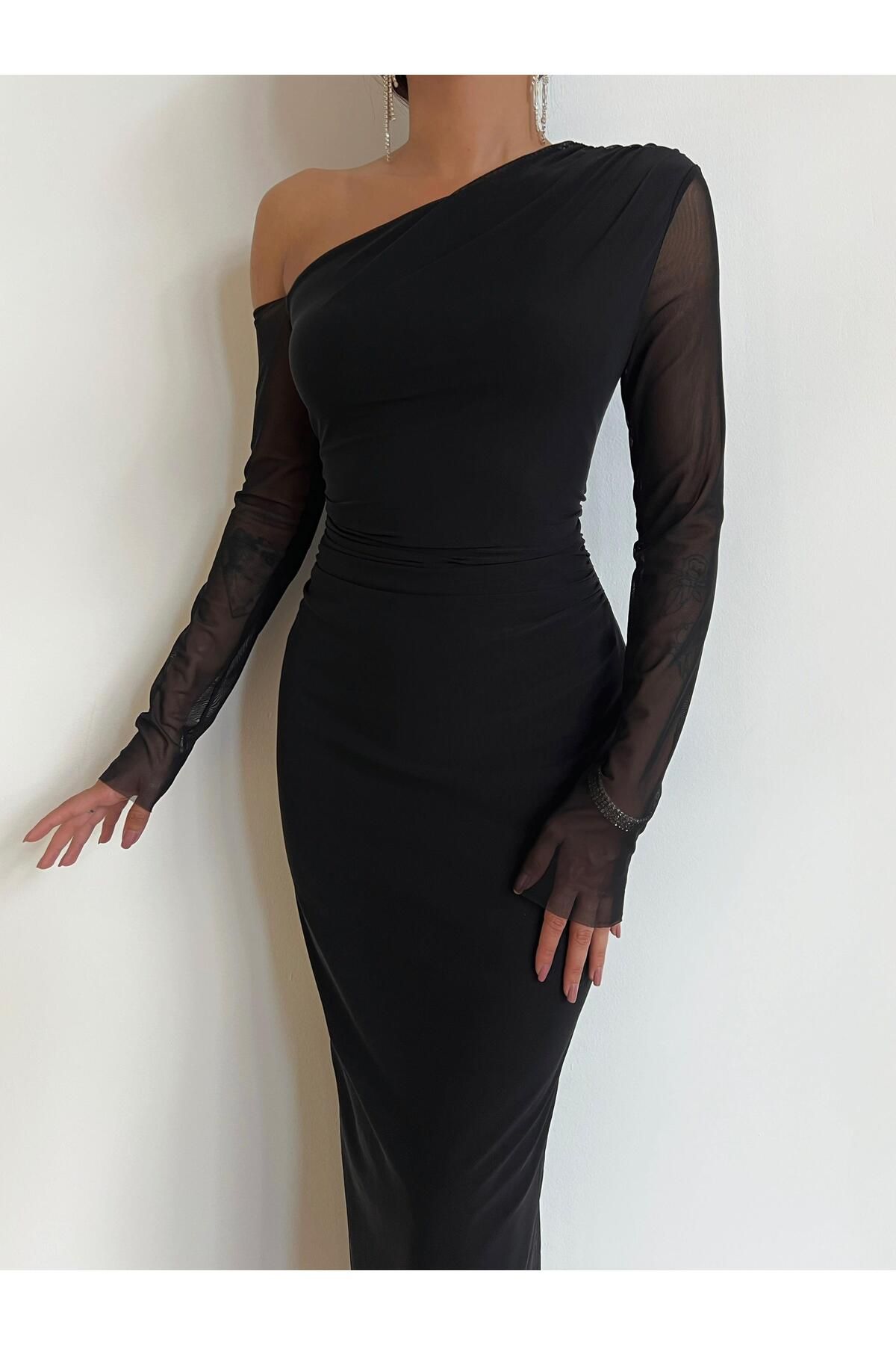 modaçelikler Tek Kol Beli Drape Detaylı Judson Kadın Siyah Elbise 24k000102