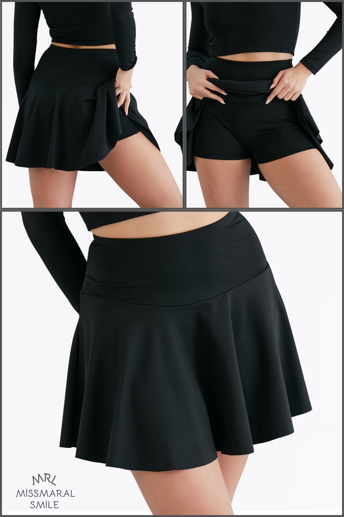 missmaral Siyah Yüksek Bel Volanlı Şortlu Spor Etek Deniz Şortu Skirt With Shorts 1101