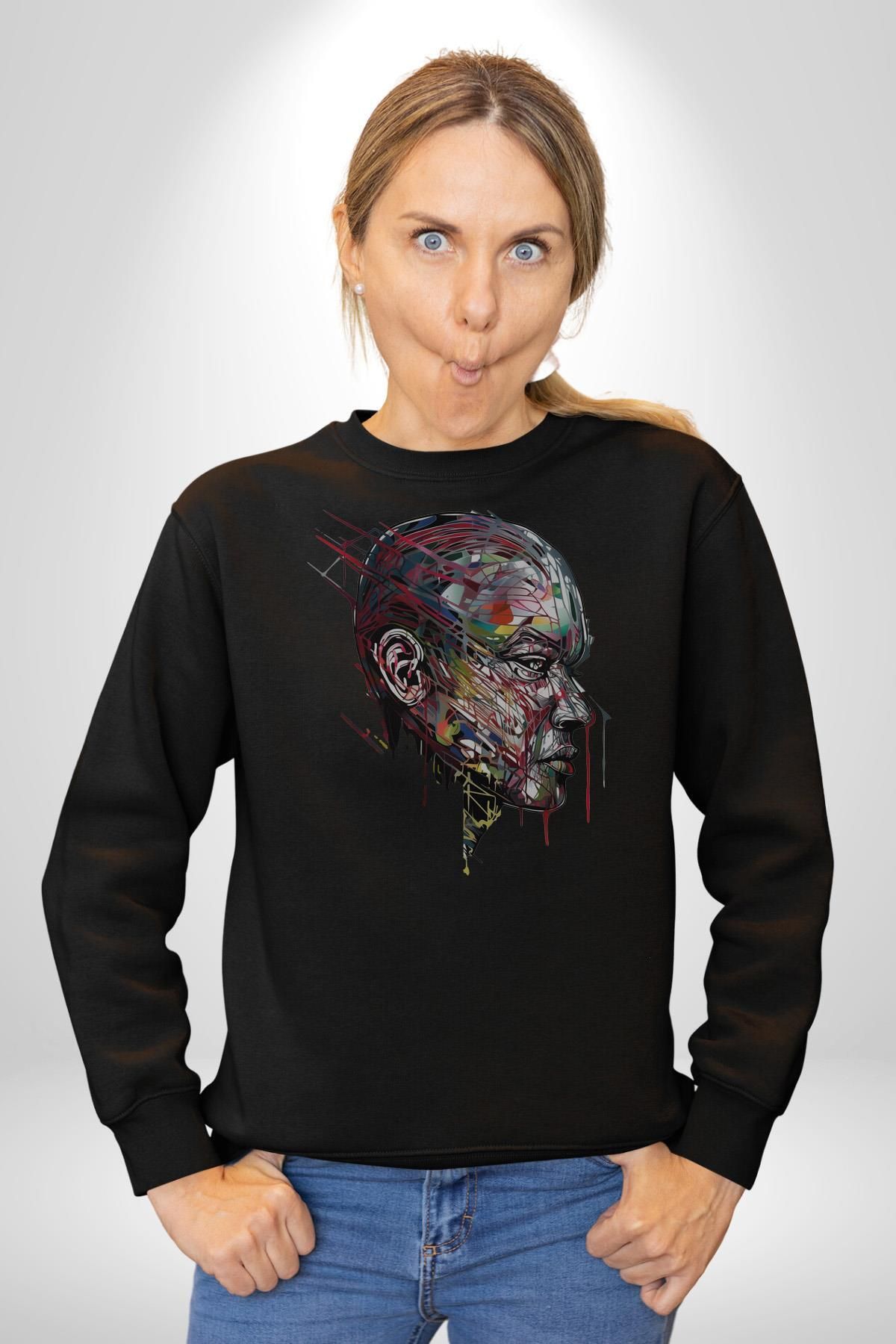 Angemiel İnsan Kafası Sulu Boya  Kadın Erkek  Siyah Baskılı Sweatshirt