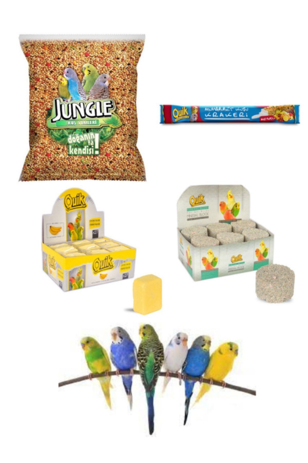 Jungle Muhabbet Kuşu Ihtiyaç Seti Muhabbet Yem+ Guik Meyve Krakeri Enerji Bloğu +mineral Blok)