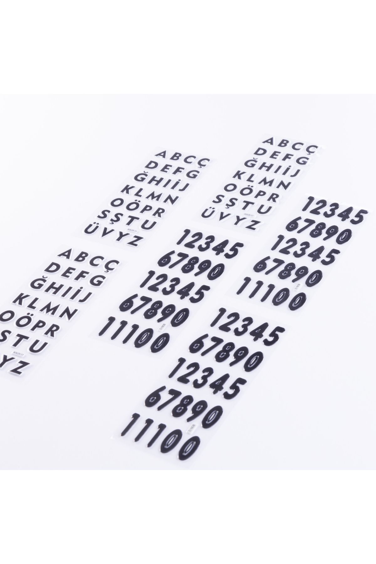 Bimotif 6 adet karışık kabartmalı yapışkan sticker, siyah harf ve rakamlar