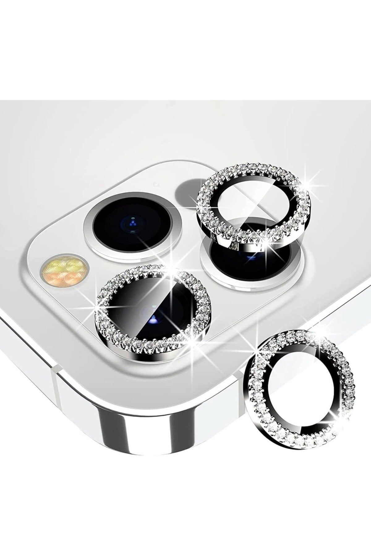 KVK PRİVACY Apple Iphone 13 Pro Max / 13 Pro Uyumlu Gümüş Swarovski Taşlı Kamera Lensi Koruyucu
