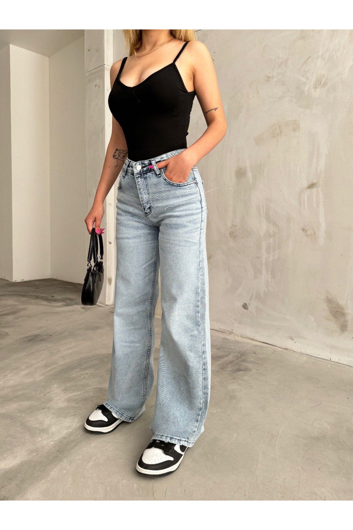 BİKELİFE Kadın Soluk Efekt Vintage Yüksek Bel Wide Leg Jeans