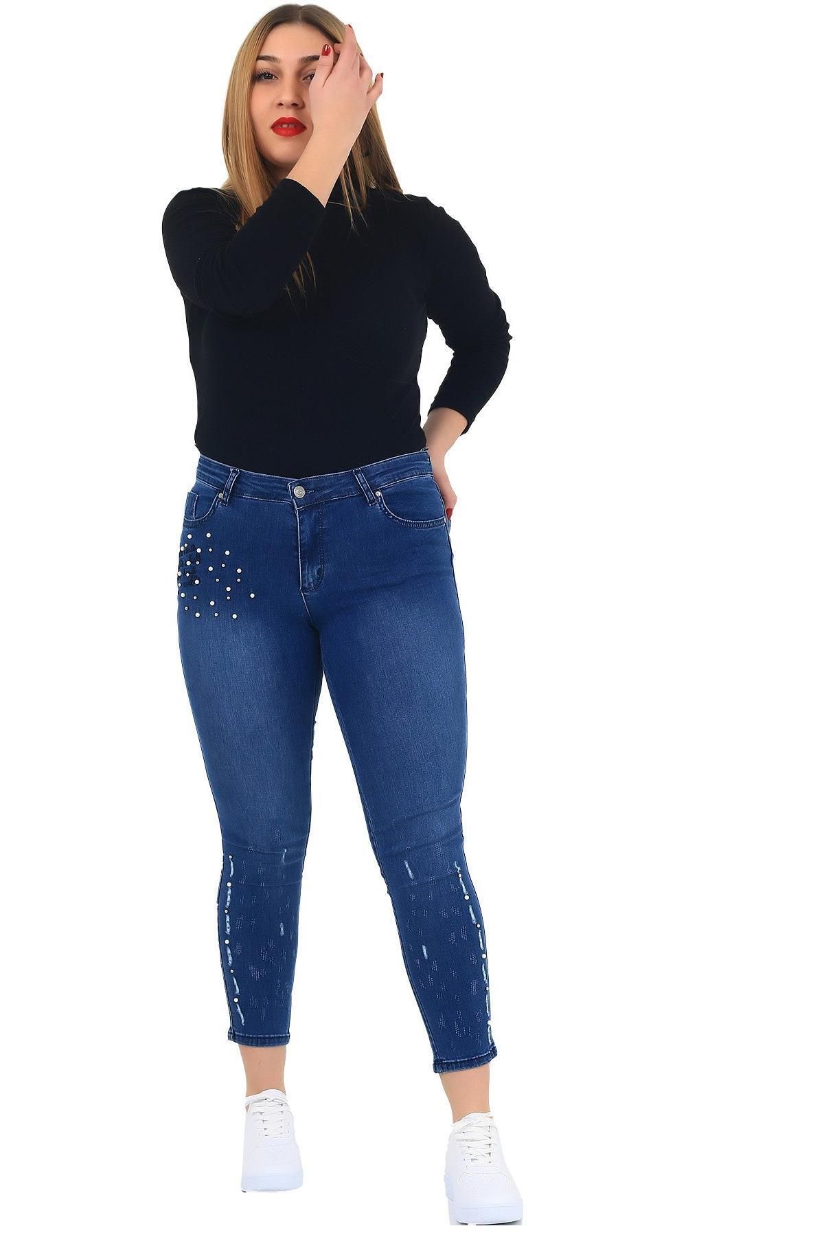 FİERTE Fierte Kadın Pantolon Nvr3077 Normal Bel Fermuar Kapama Dar Paça Inci Taş Detay Pamuk Spor Cep Mavi