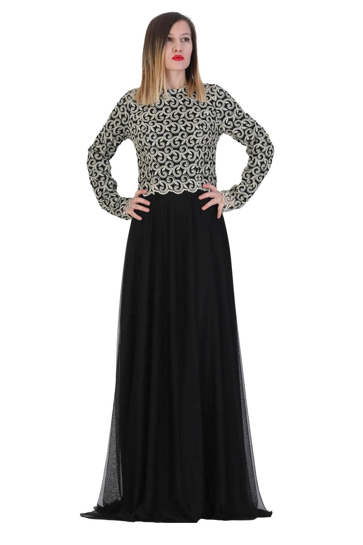 Günay Günay Kadın Abiye Elbise Clw6056 Uzun Kol-bej